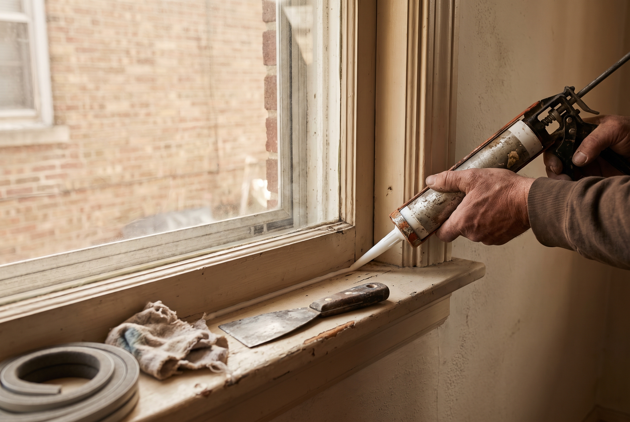 Hands run a bead of caulk along the gap beside an old wooden window casing, with a putty knife and a roll of weatherstripping on the sill and brick visible through the glass.