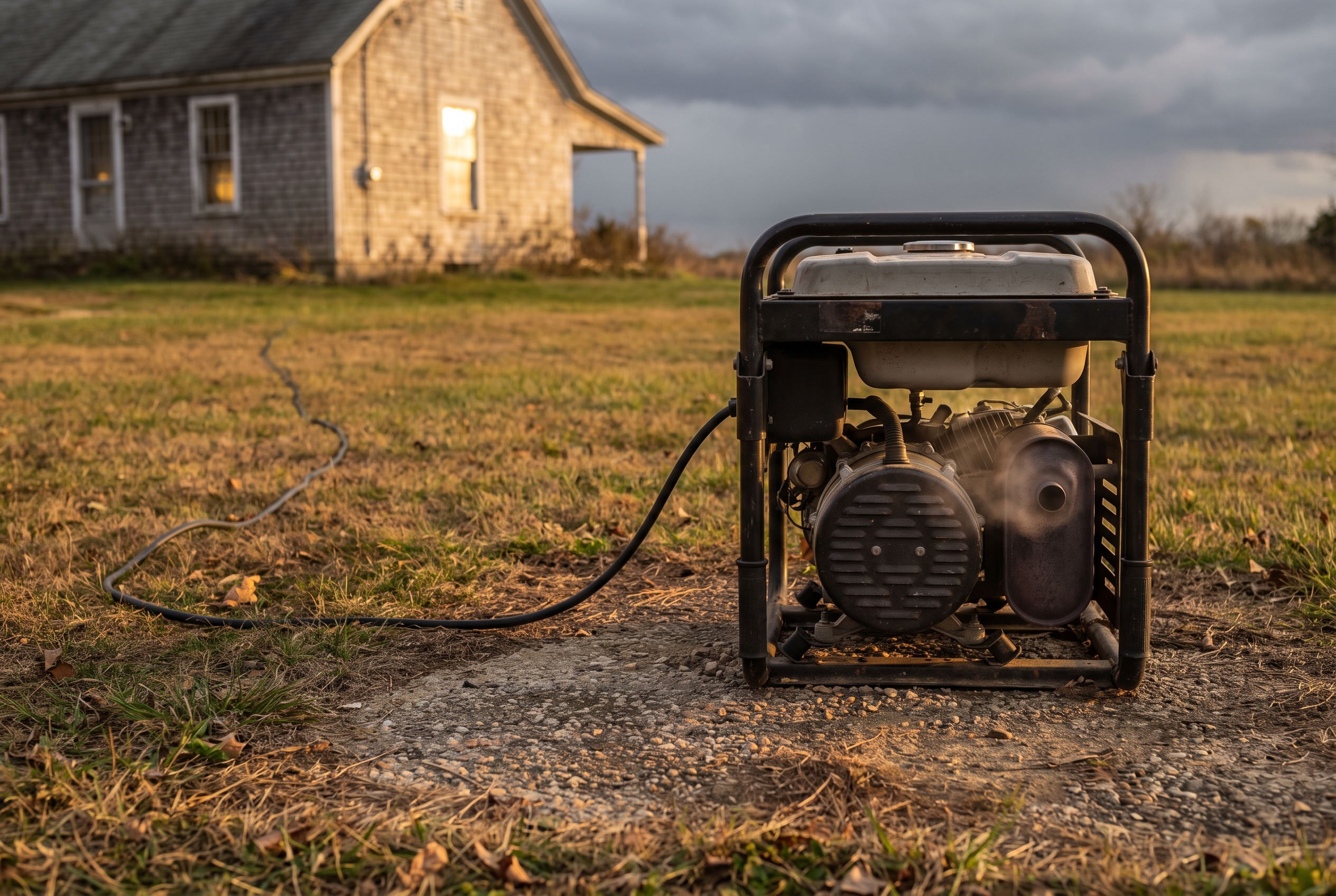 A portable generator runs on open gravel in a backyard at dusk, a cord running across the lawn to a house wall standing a clear distance away.
