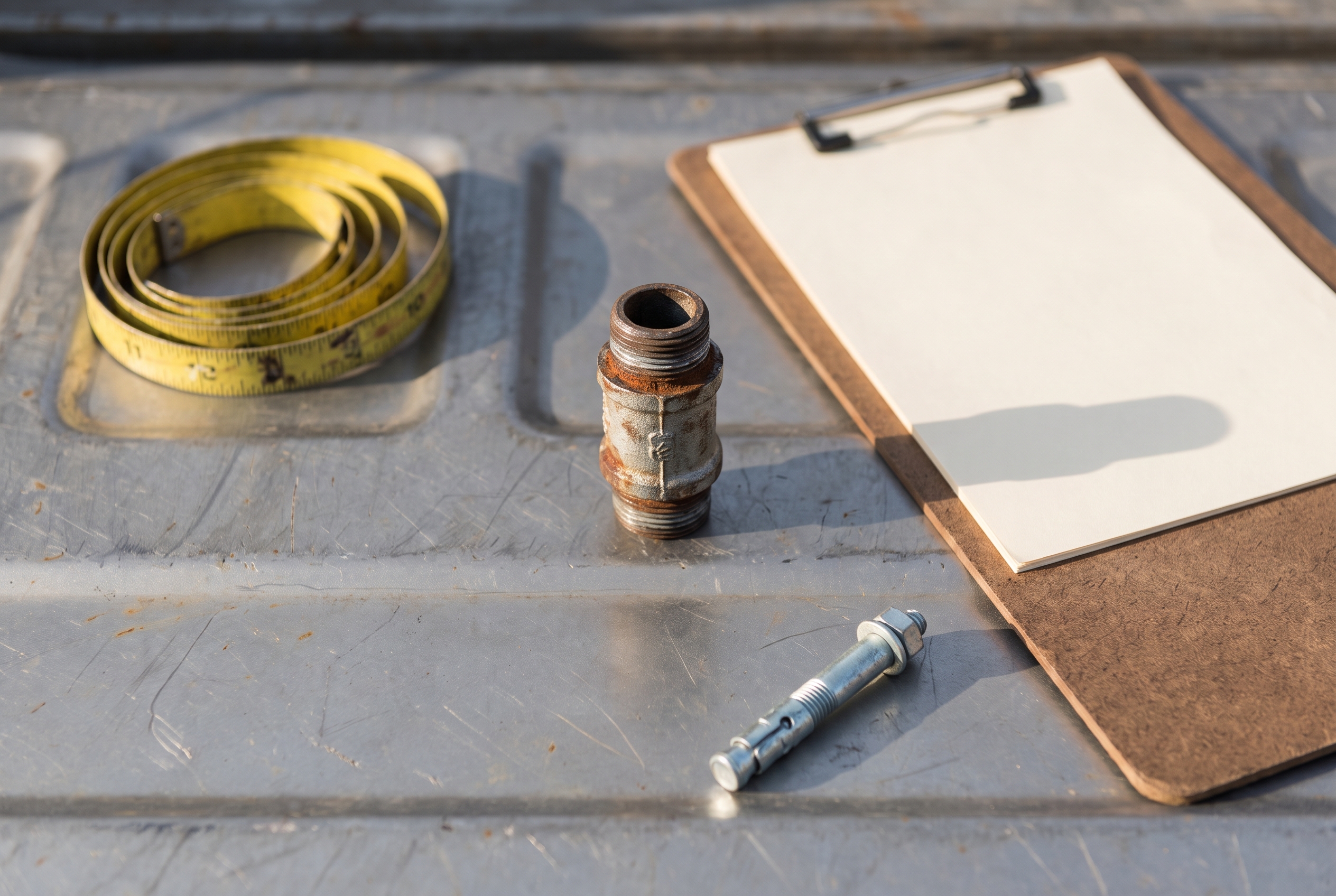 A threaded gas pipe fitting sits in sharp focus among an anchor bolt, tape measure, and blank clipboard page laid out on a truck tailgate.