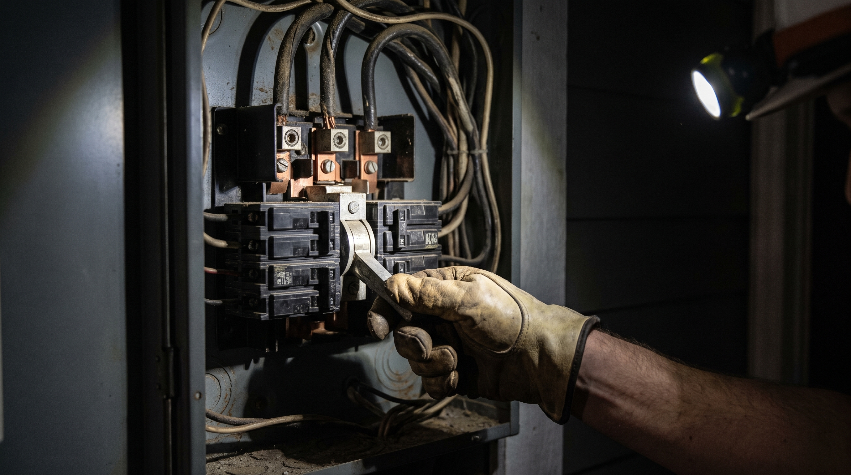 A gloved hand flips the lever on a manual transfer switch inside an open electrical panel, lit by a single raking light with copper wiring visible in shallow focus behind it.