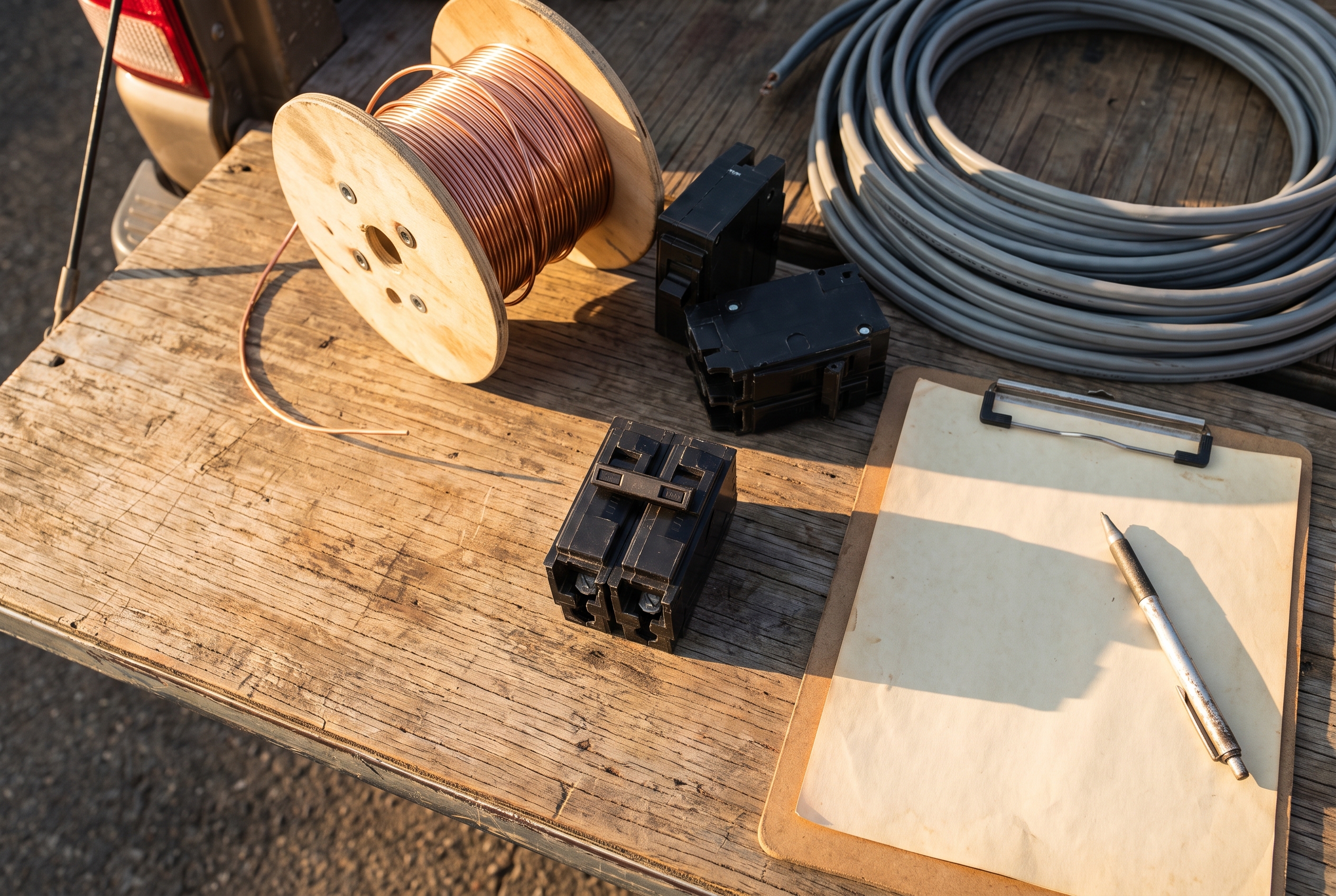 Overhead view of a copper wire spool, circuit breakers, coiled cable, and a blank clipboard laid out on a truck tailgate in warm late-day light