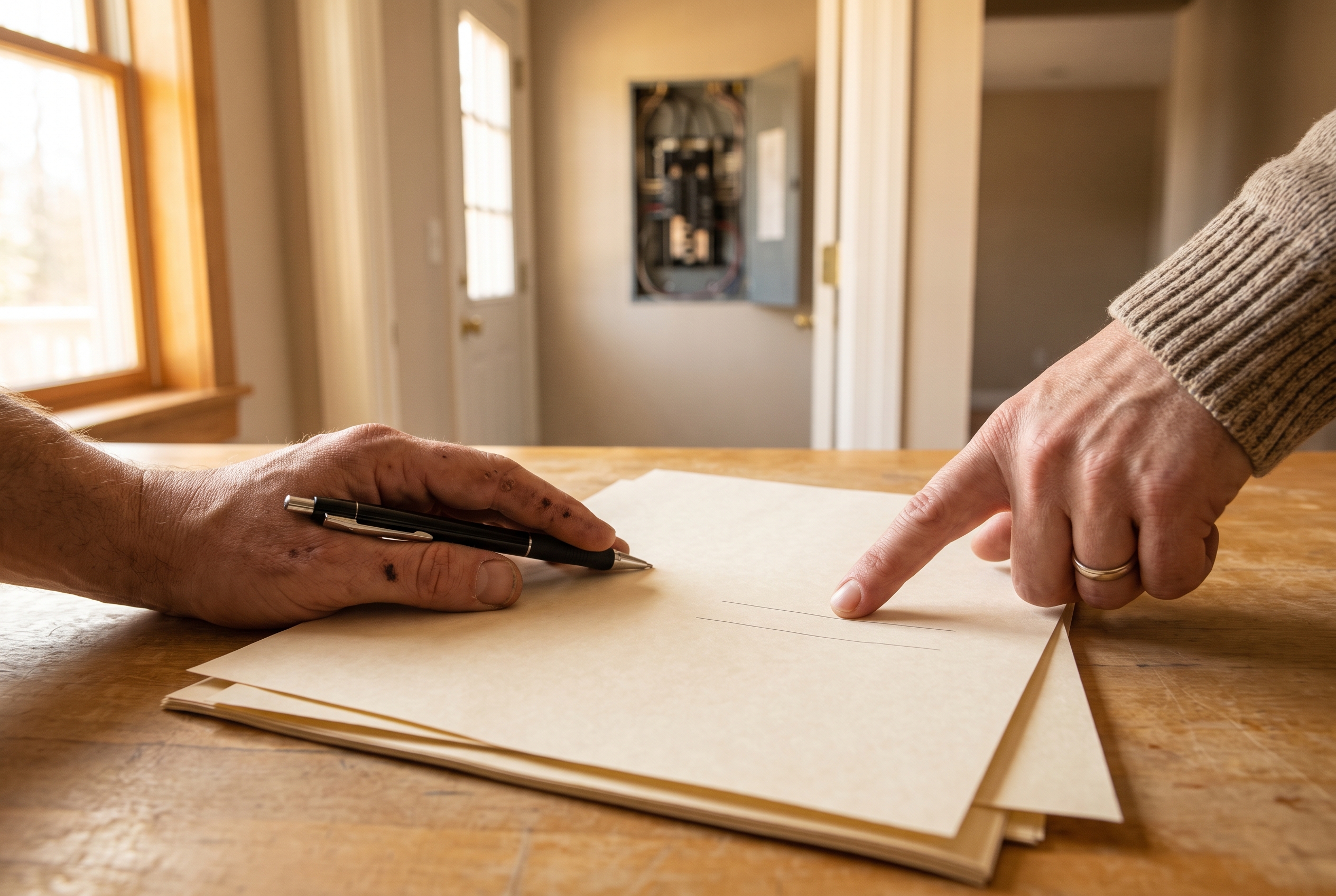 Two hands over a blank contract on a kitchen counter, one resting a pen and the other pointing to a line, with an open panel blurred in the background