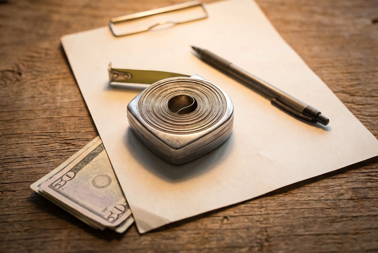 Overhead flat-lay of a blank payment schedule sheet, a coiled tape measure, and folded cash bills tucked under the paper's edge on a workshop tailgate.