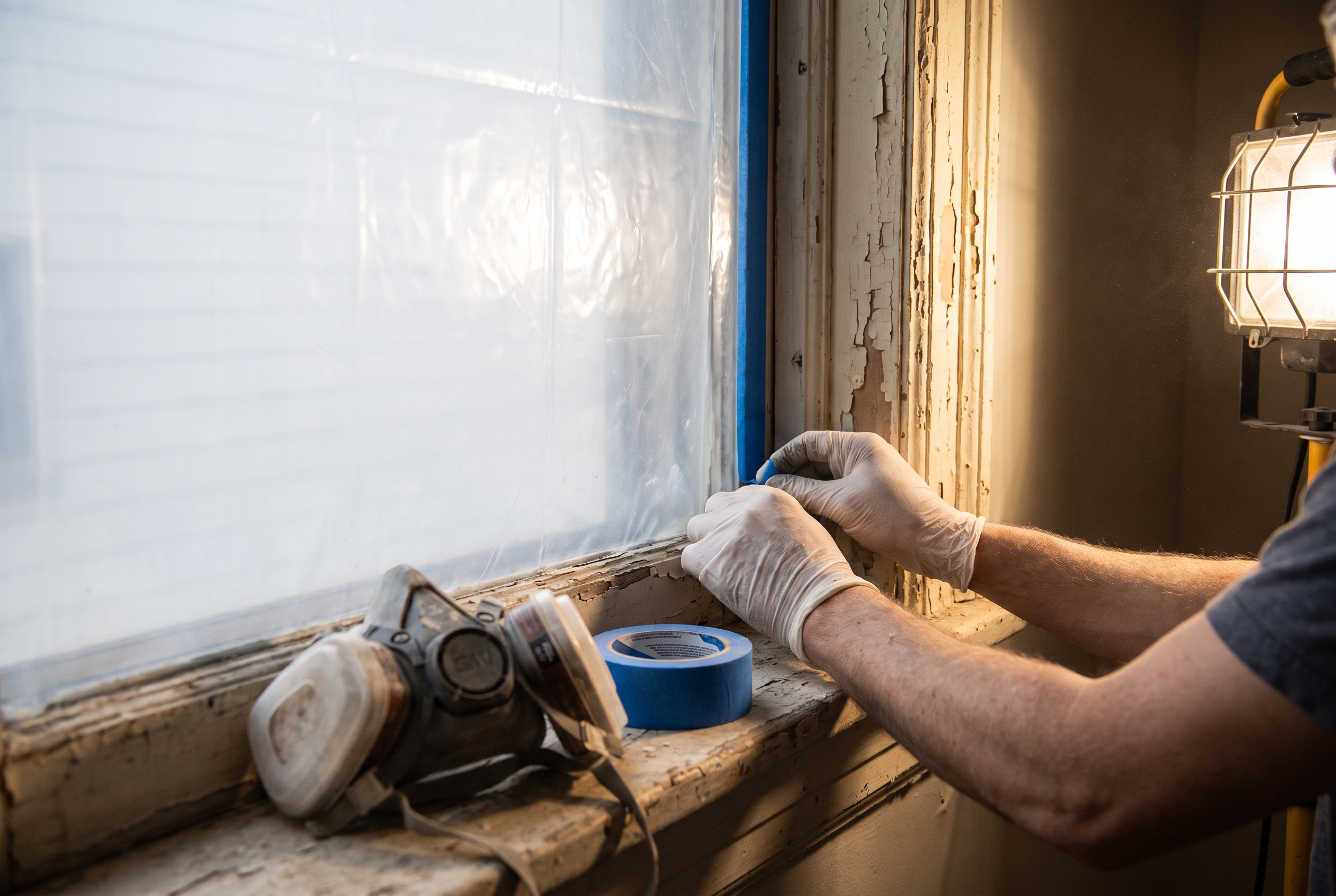 Gloved hands taping plastic sheeting over an old window opening with chipping paint, a respirator mask resting on the sill below.