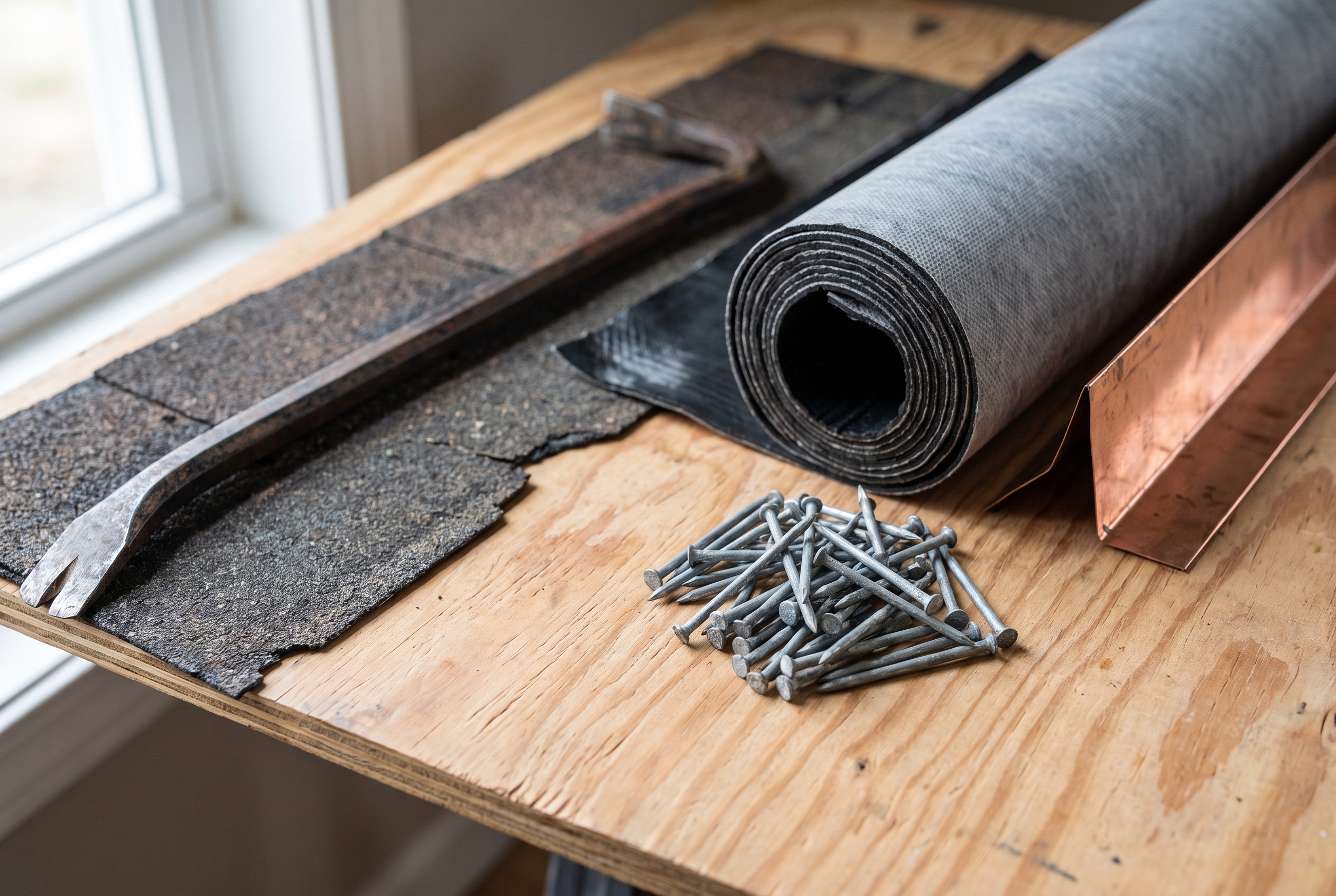 A pry bar, cut roofing membrane roll, loose nails, and a strip of step flashing arranged on a plywood table