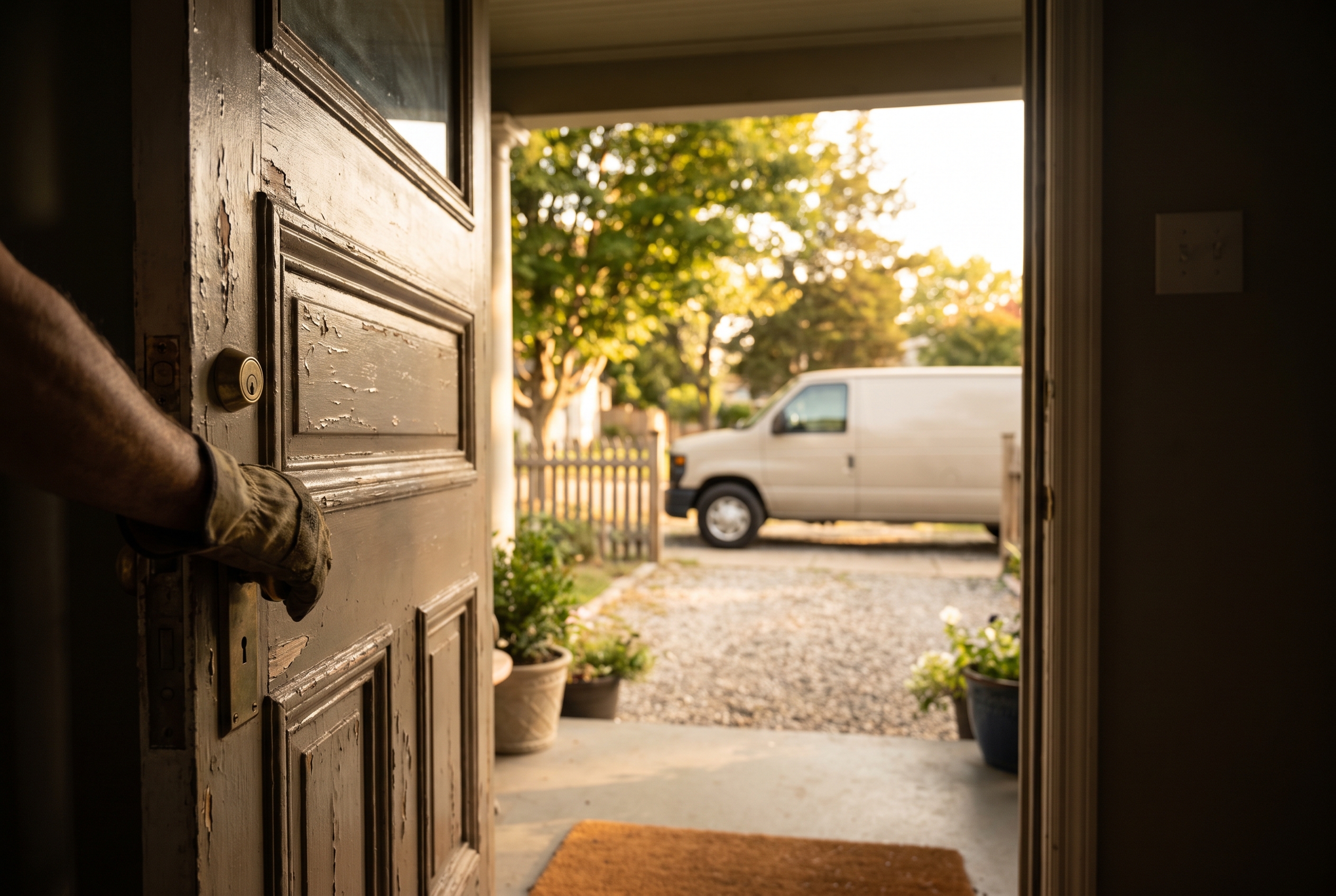 A hand closing a front door partway while an unmarked van waits at the curb in the driveway beyond