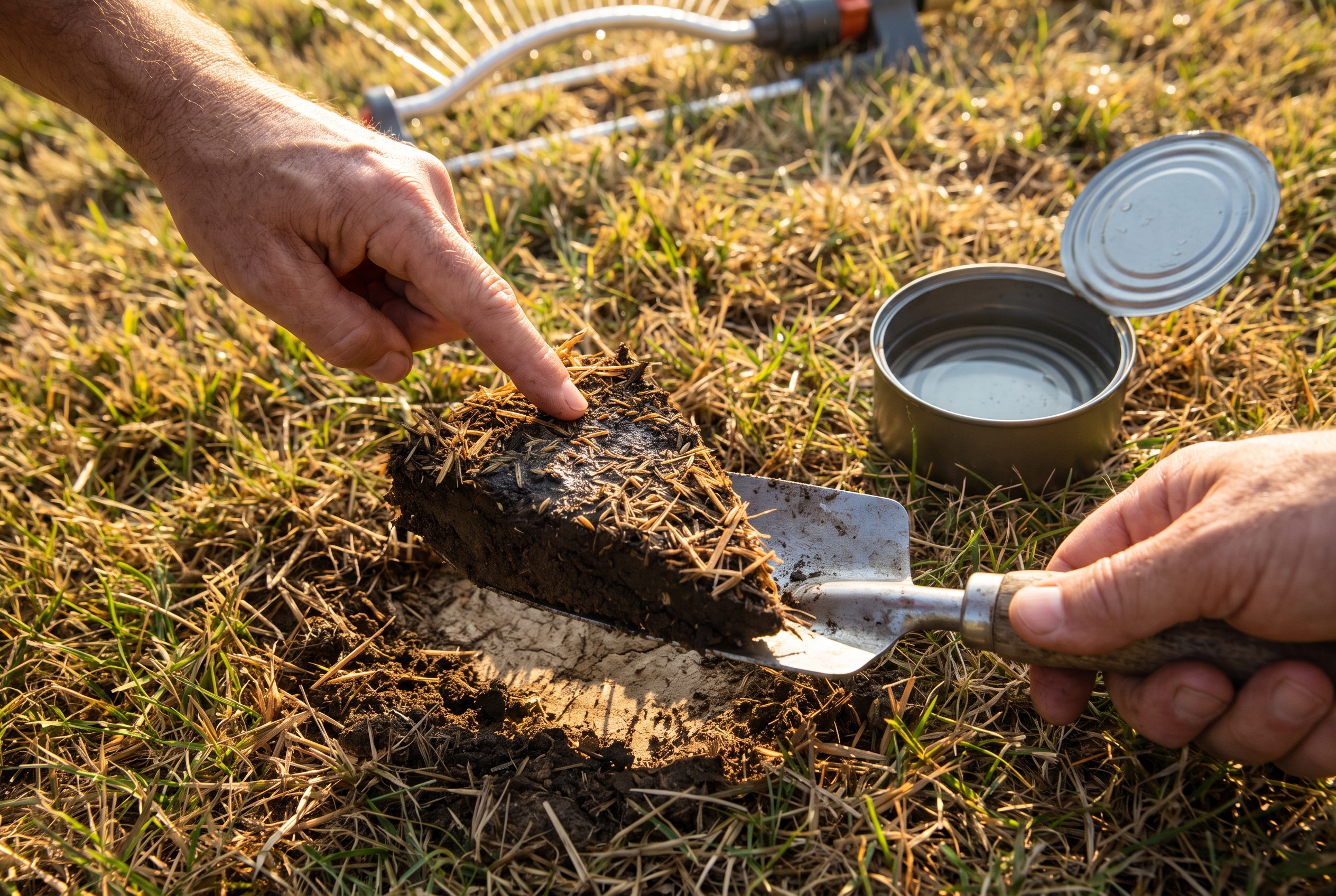 A kneeling homeowner lifts a trowel slice of soil showing a thin damp top layer over dry ground, next to a tuna can holding a shallow film of water and a blurred sprinkler.