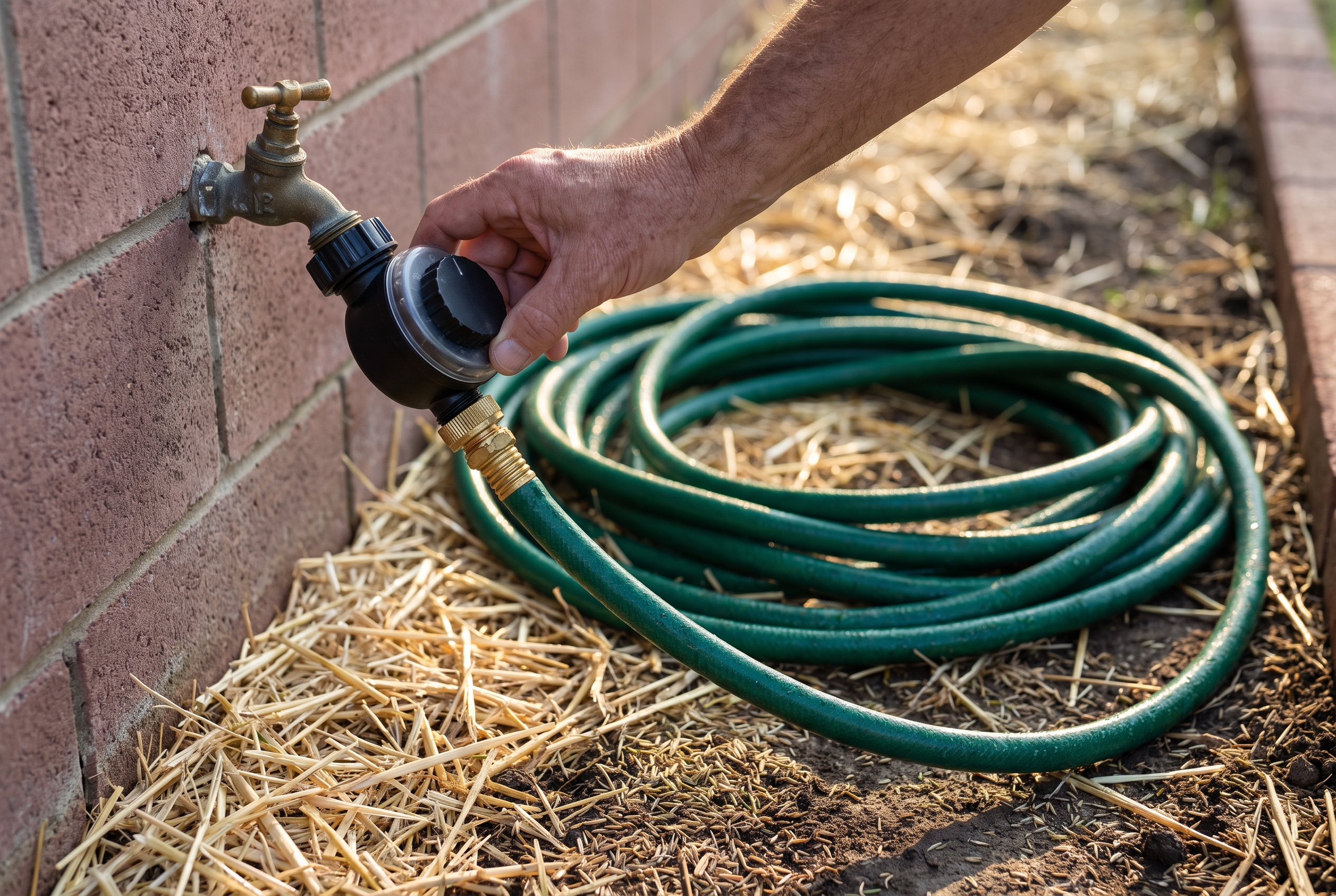 A hand turns the dial of a hose-end timer at a brass spigot on a brick wall, with a soaker hose crossing a strip of freshly seeded lawn in low morning light.