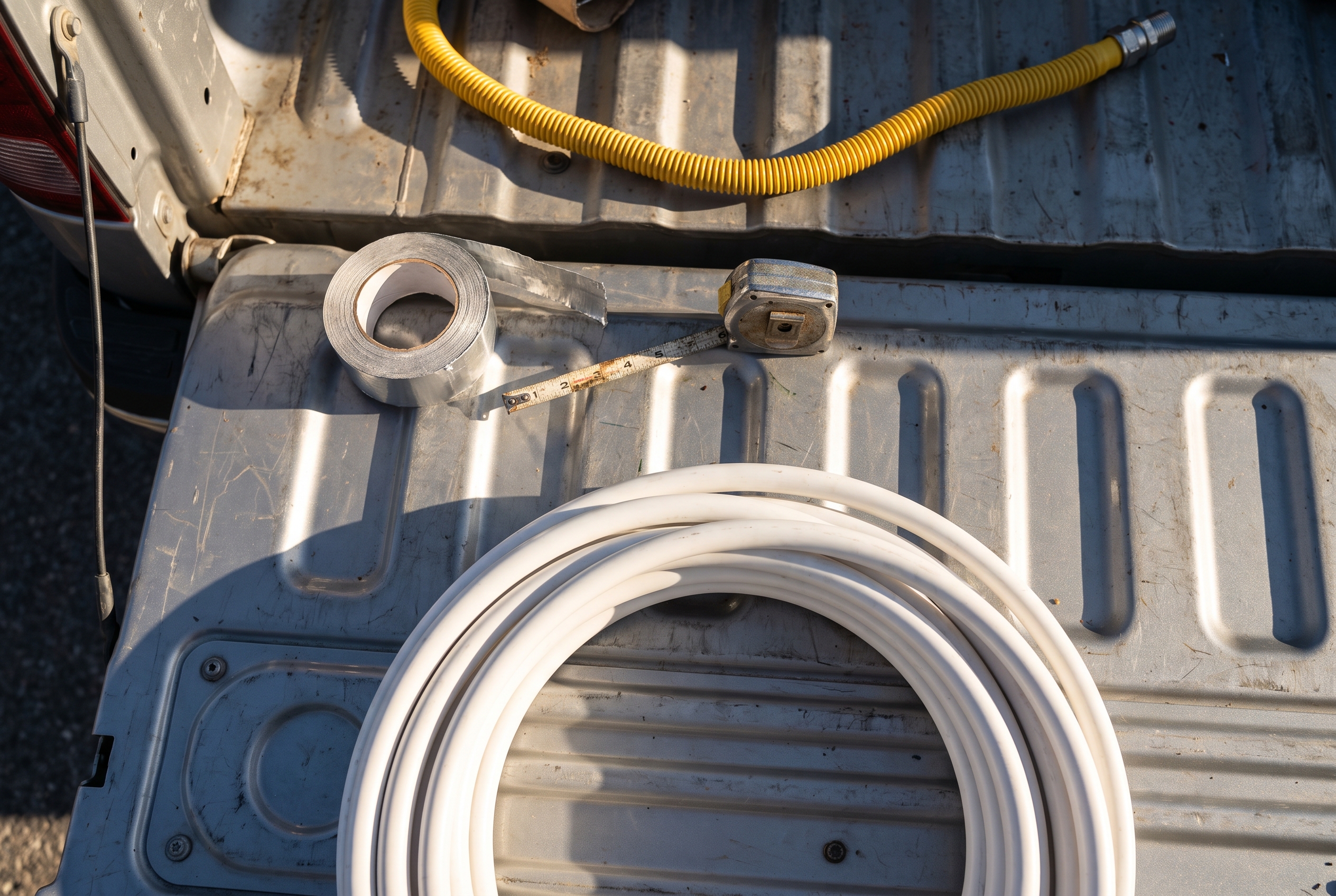 Overhead view of a coil of white PVC pipe, duct tape, a tape measure, and a flexible gas connector laid across the ridged bed of a work truck in raking morning light.