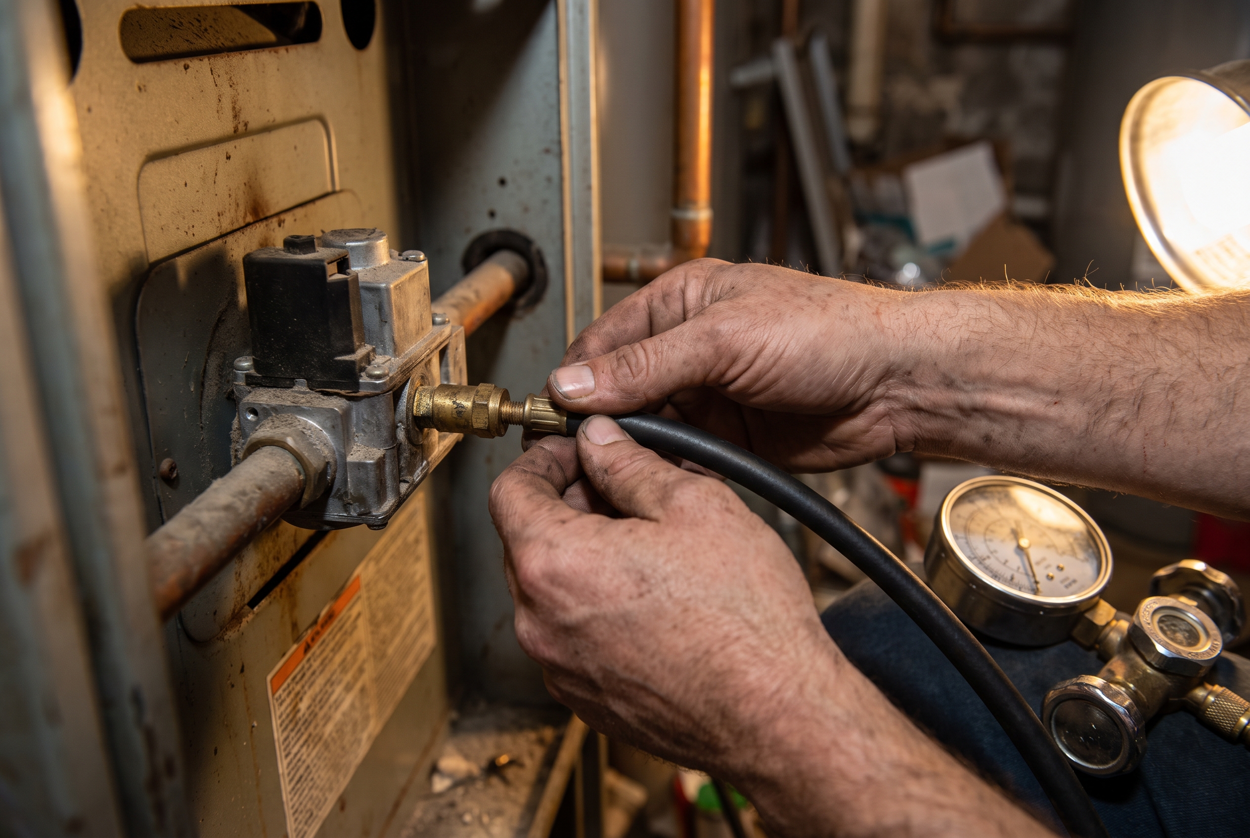 Close view of two hands connecting a pressure gauge hose to a brass fitting on a furnace's gas valve, lit from the side in a dim basement.