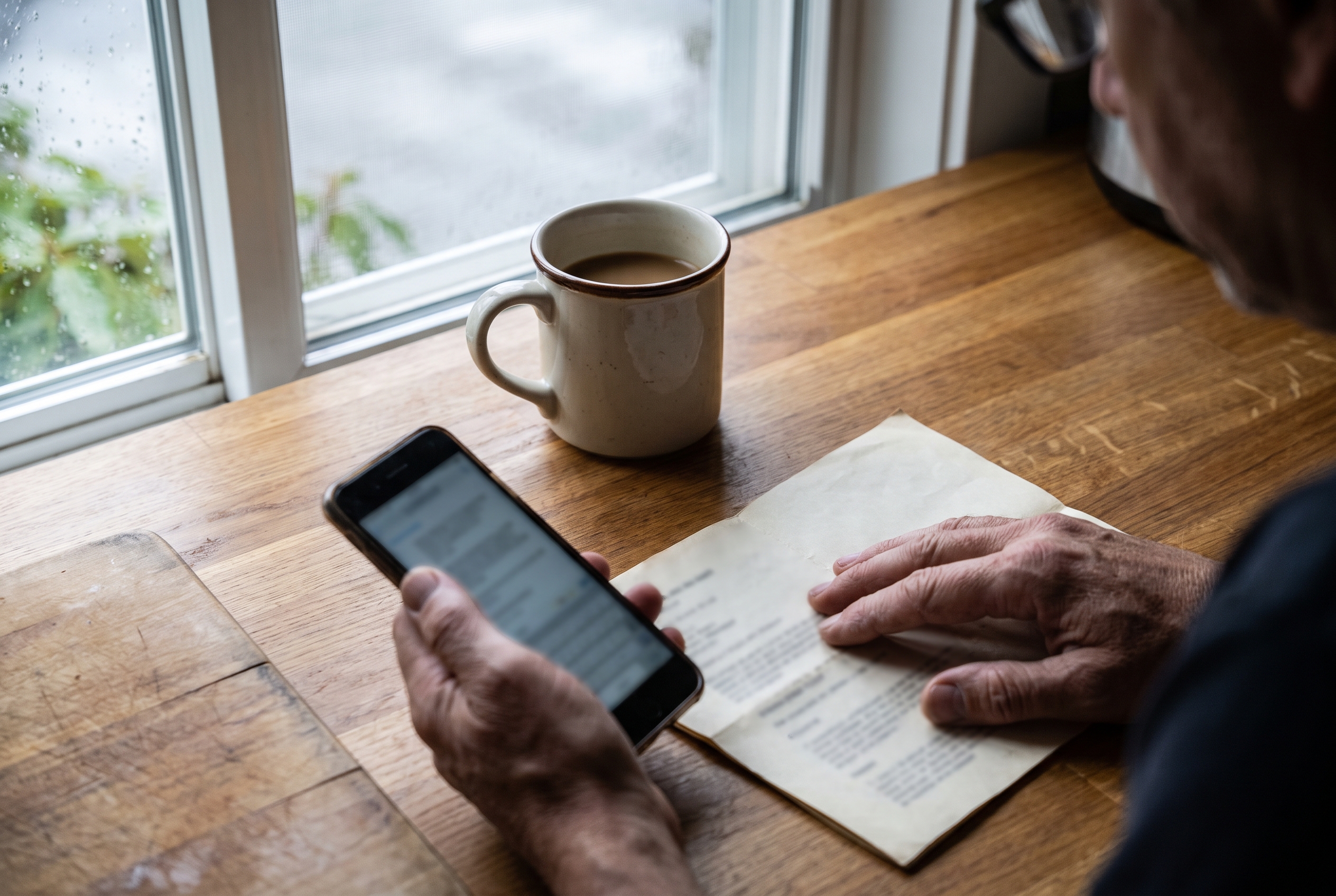 A pair of hands holding a smartphone and a folded paper estimate at a kitchen table, with a mug of coffee nearby.