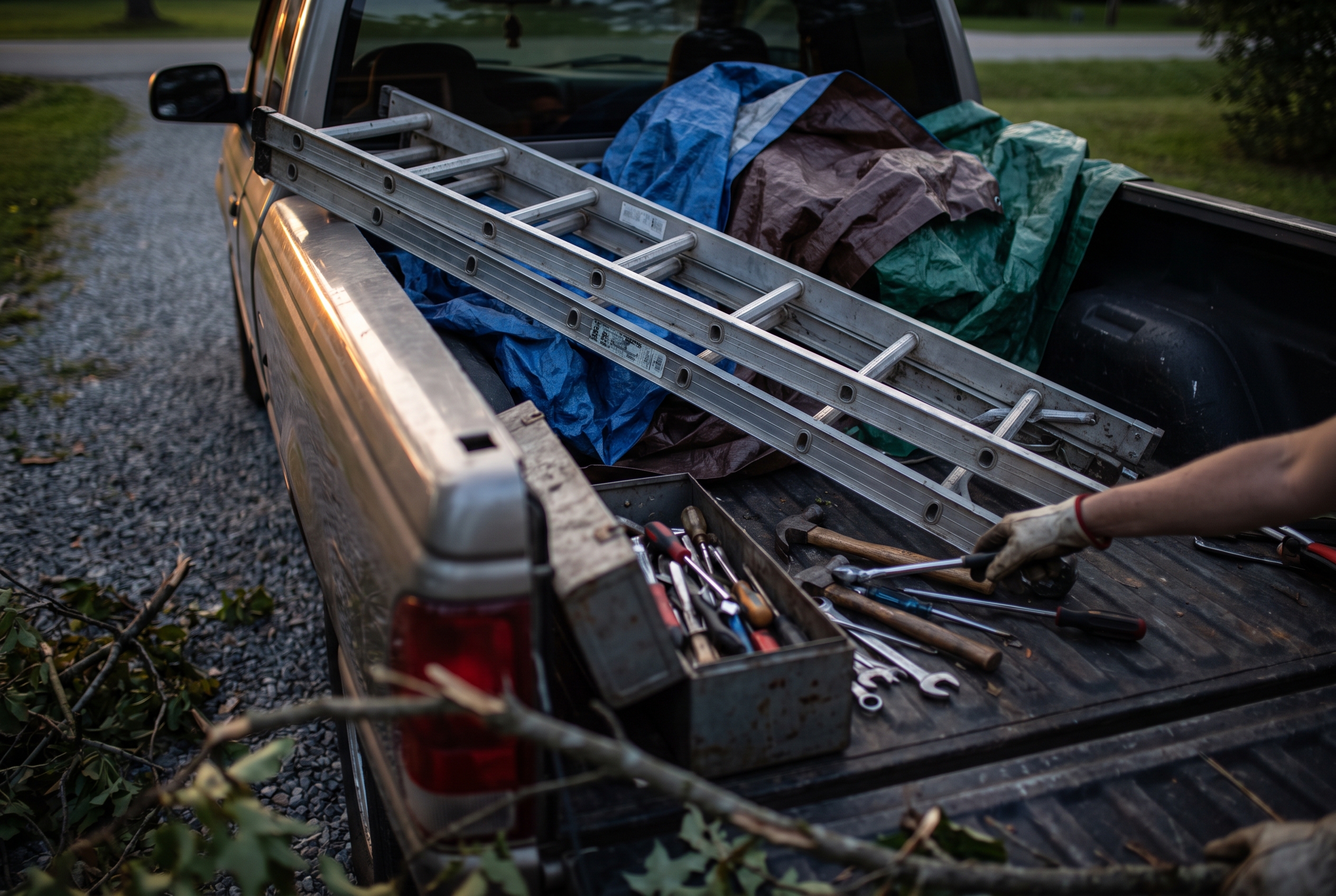 An unmarked pickup truck bed loaded with mismatched tarps, a ladder and loose tools, parked in a driveway at dusk.