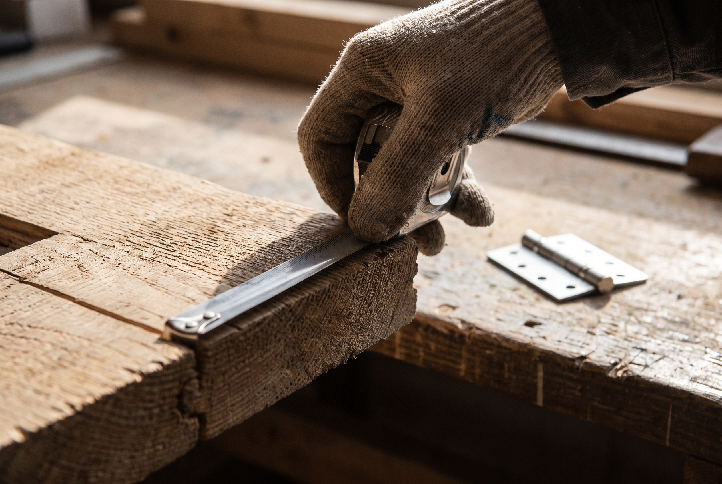 A carpenter's hand holding a steel tape measure flat against the raw edge of a thick door slab to check its thickness.