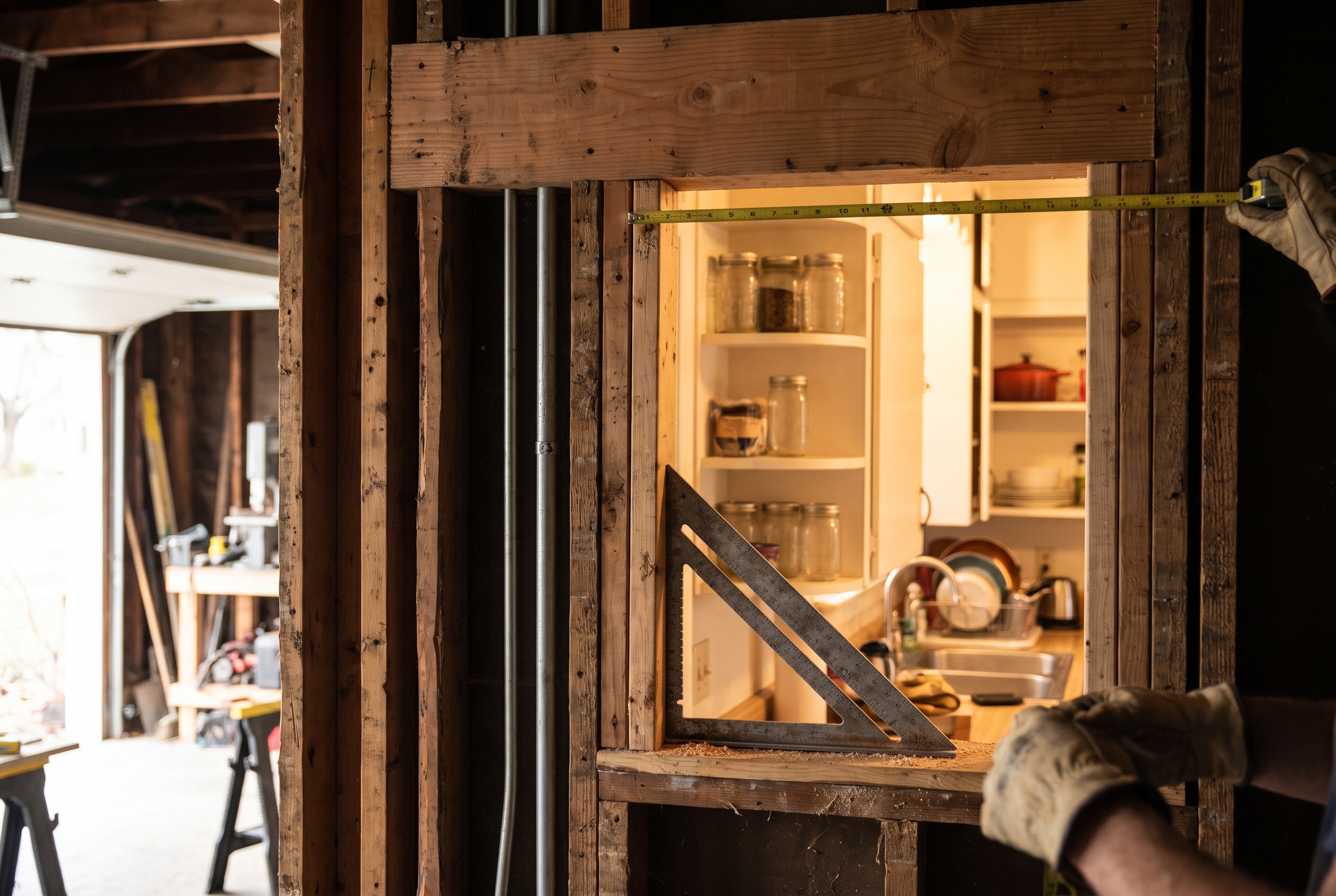 A rough-framed wall opening with an exposed wood header and electrical conduit between a garage and a kitchen, with a carpenter's square leaning against the frame.