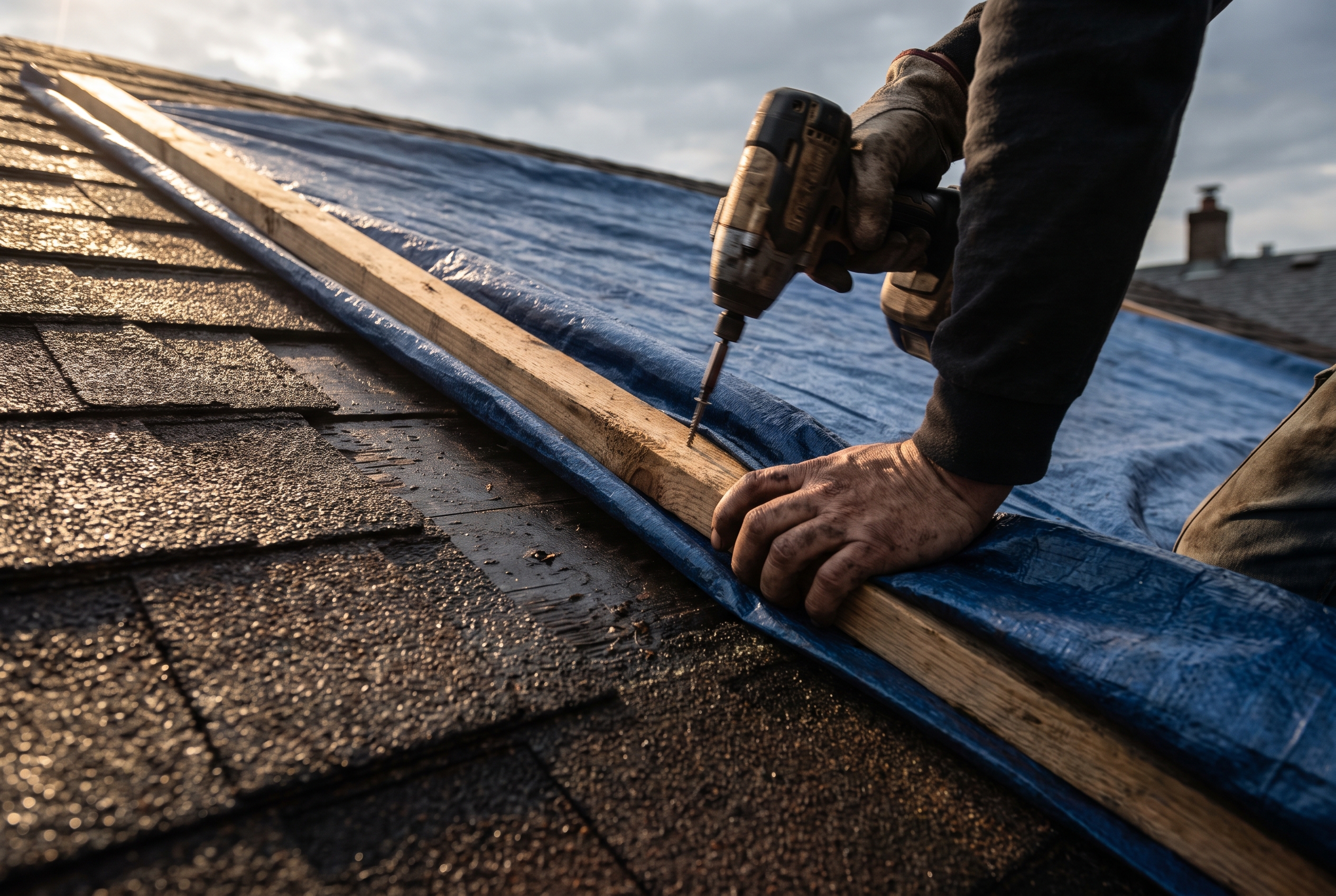 Weathered hands driving a screw through a wood batten into a folded tarp edge on a sloped roof