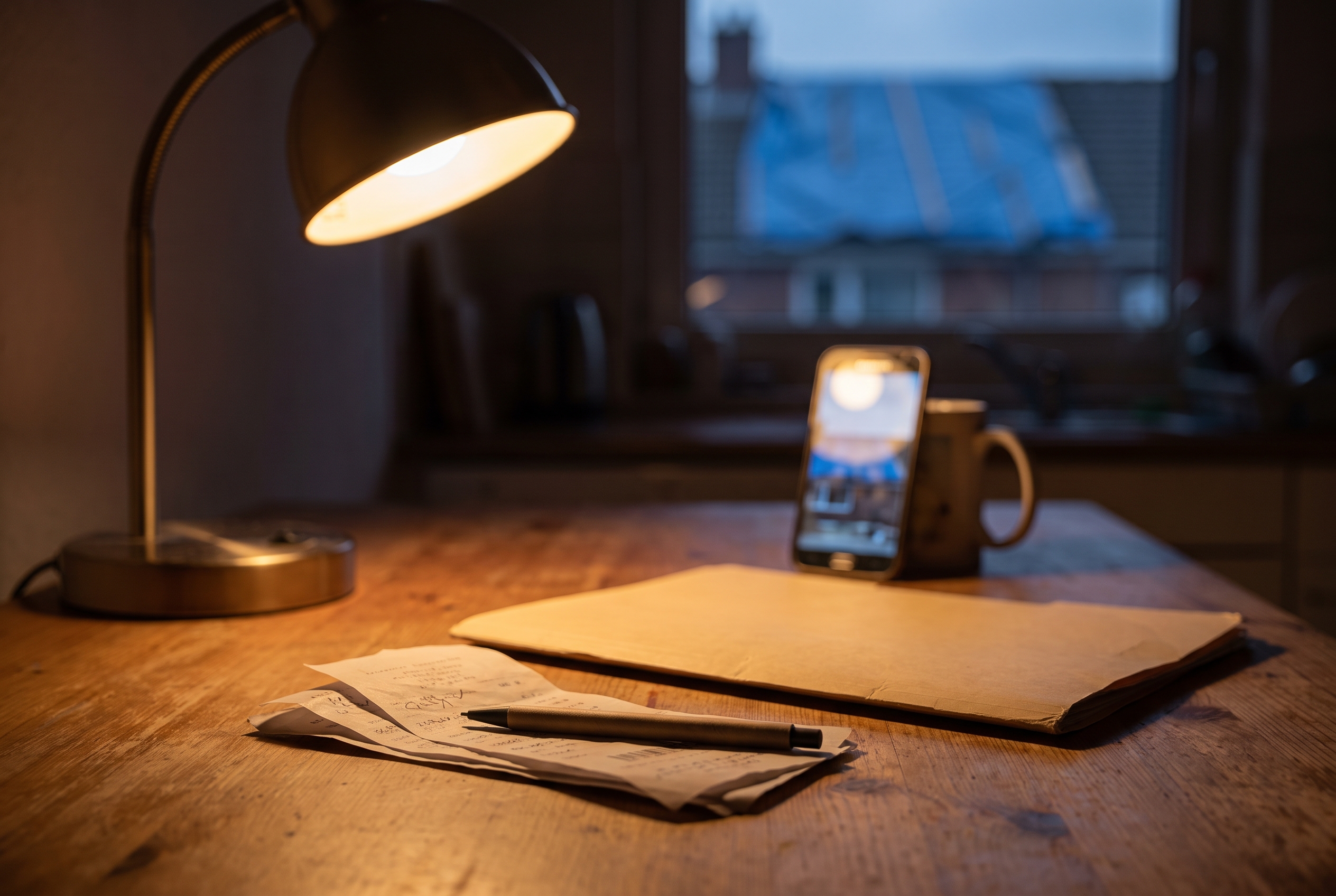 A smartphone, a stack of paper receipts, a pen, and a plain folder arranged on a lamp-lit kitchen table