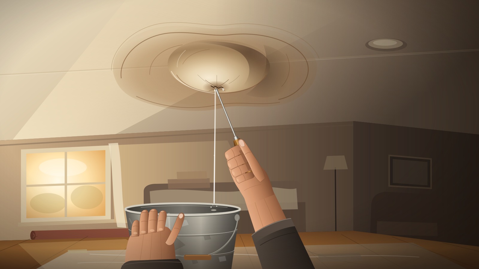 Hands press a small screwdriver into a water-stained, bulging drywall ceiling while holding a metal bucket below to catch the first stream of water.