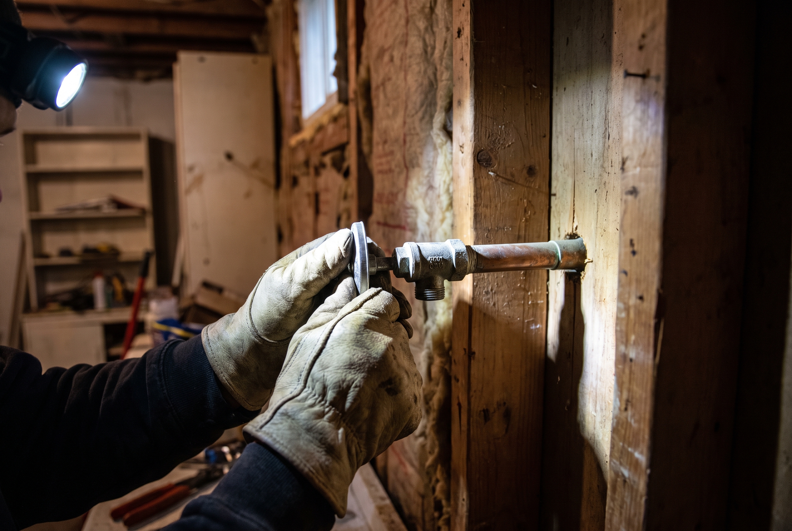 Hands turning an interior shut-off valve behind a wall stud in a dim basement, lit by a single side light