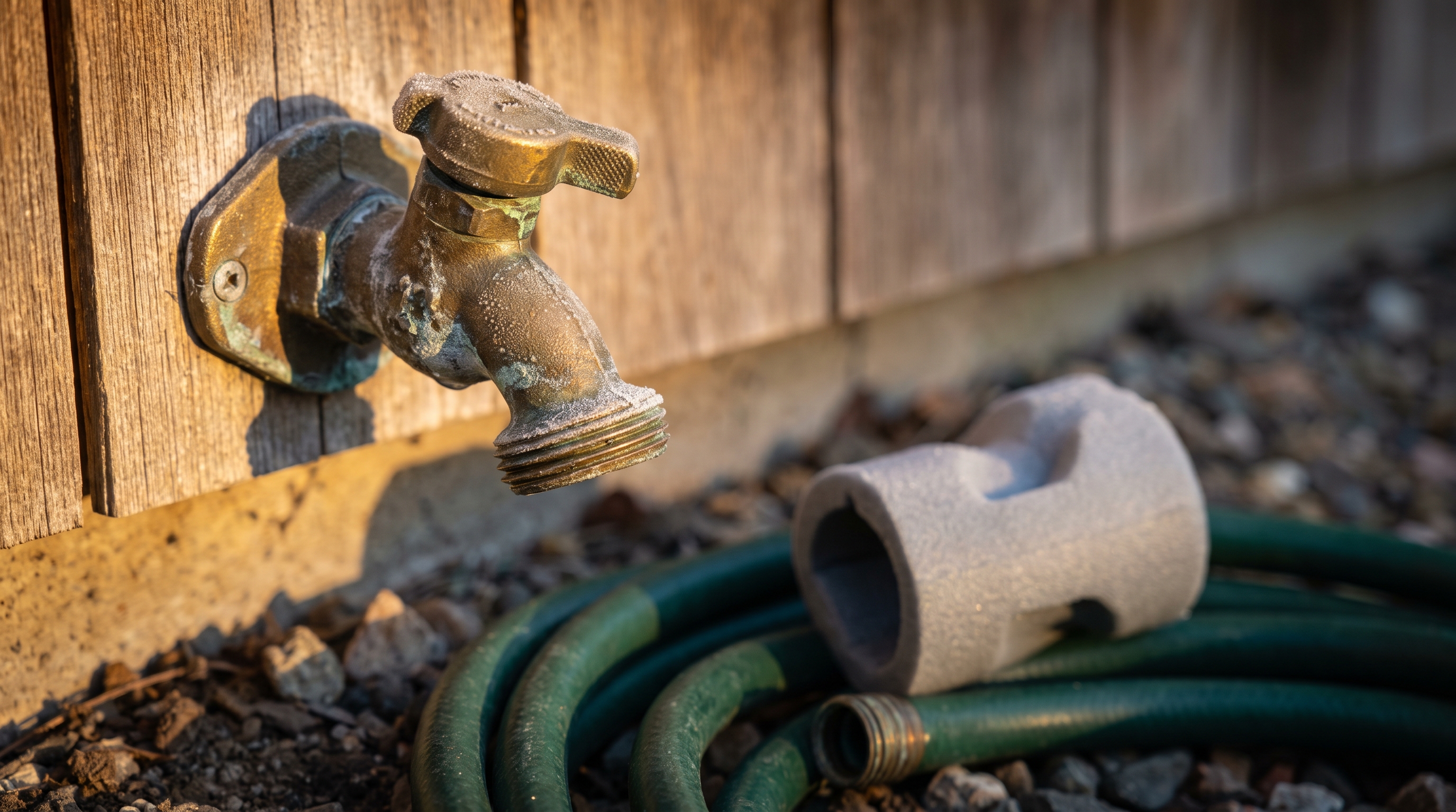 A frosted brass outdoor faucet on a shingled wall with a disconnected hose coiled on the ground beside it at dusk