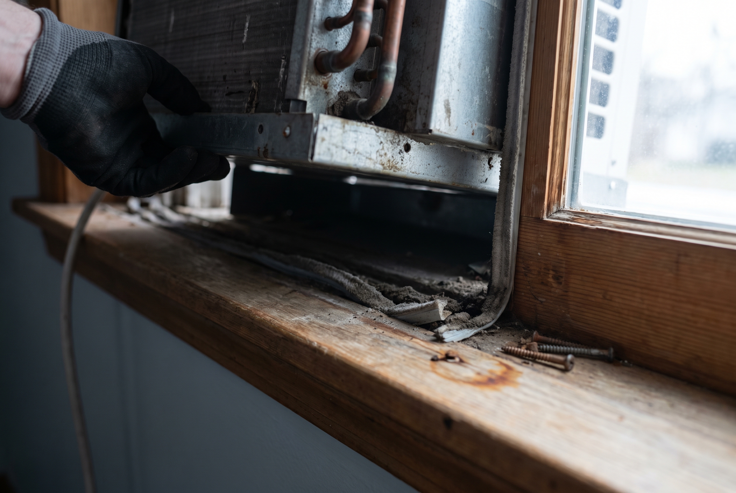 A hand lifts a window air conditioner unit partway out of its frame, revealing a narrow gap between the housing and the wood sill beneath it.