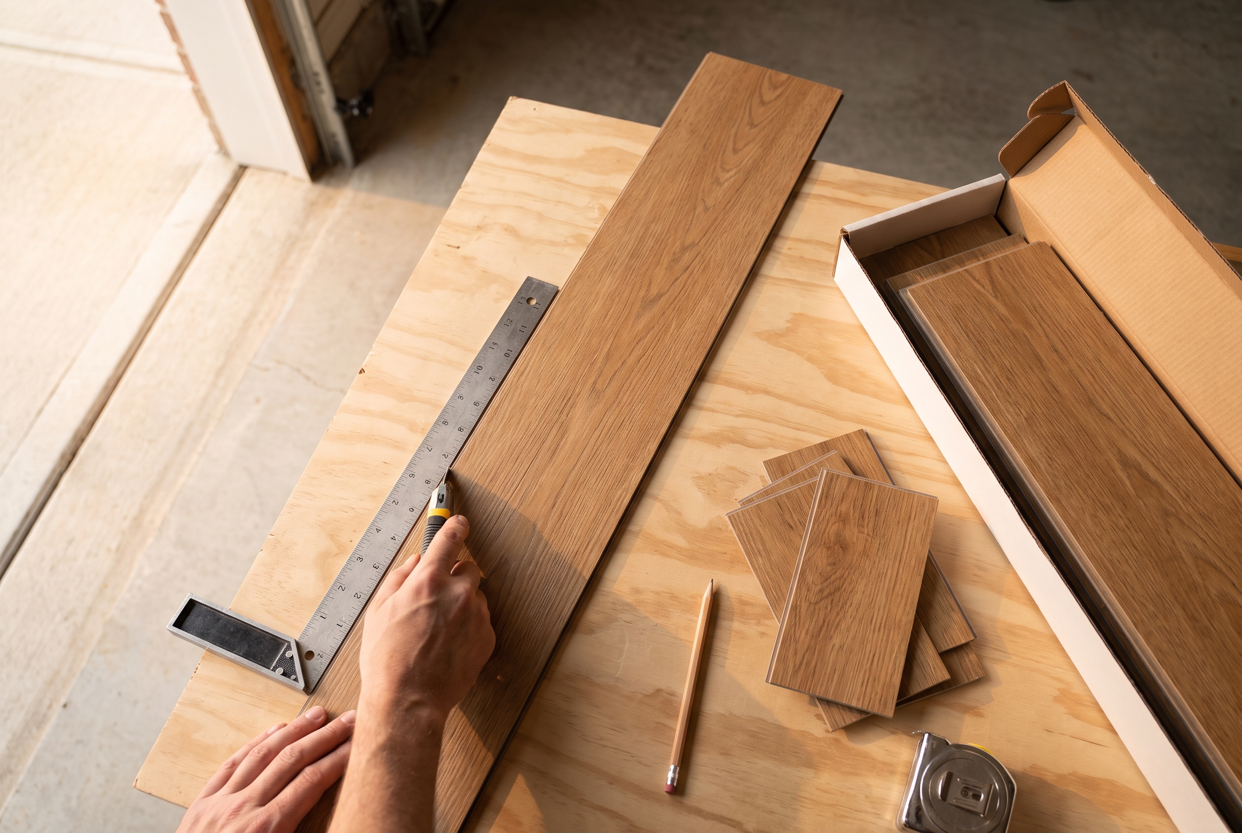 Overhead view of a hand scoring a vinyl plank with a utility knife against a steel square, beside a pile of offcuts and an open carton of spare planks.