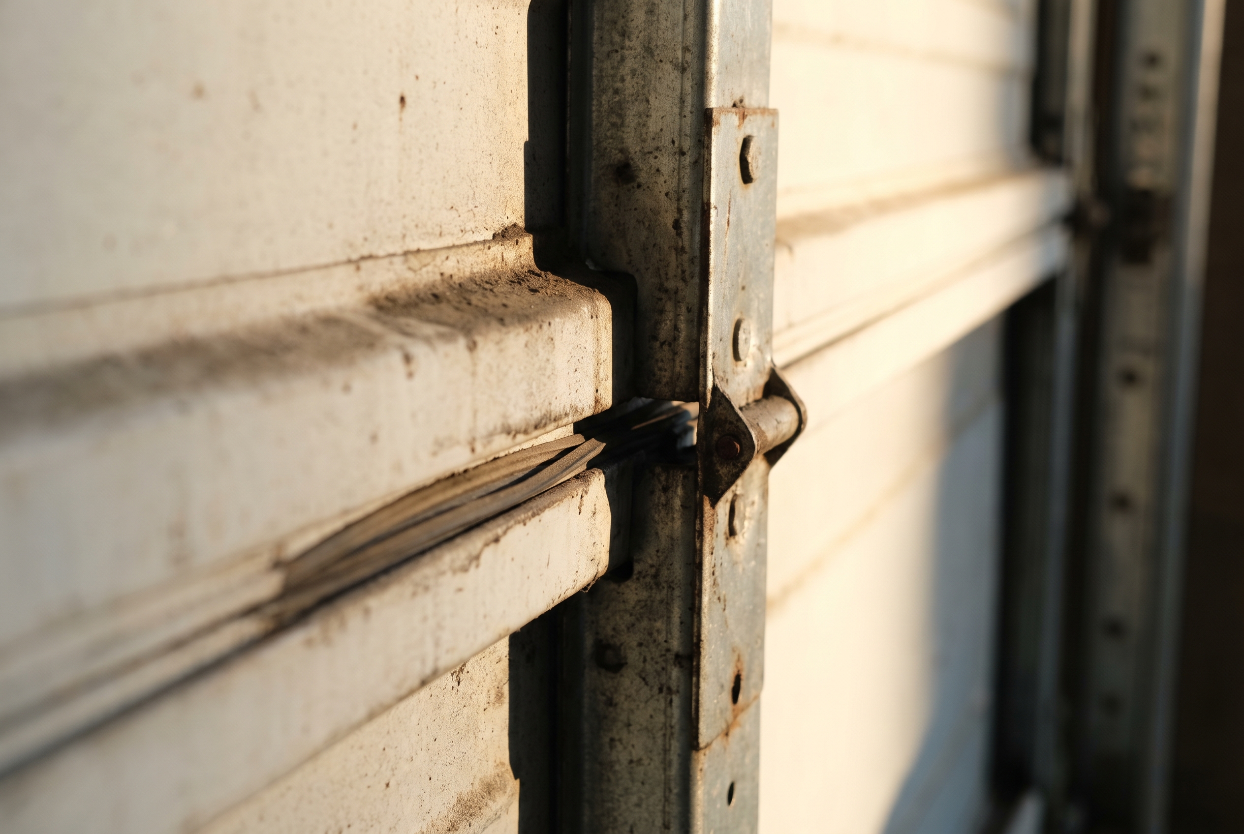 Macro view of a garage door section joint showing the hinge plate and seam where two panels meet, lit by hard afternoon side light.