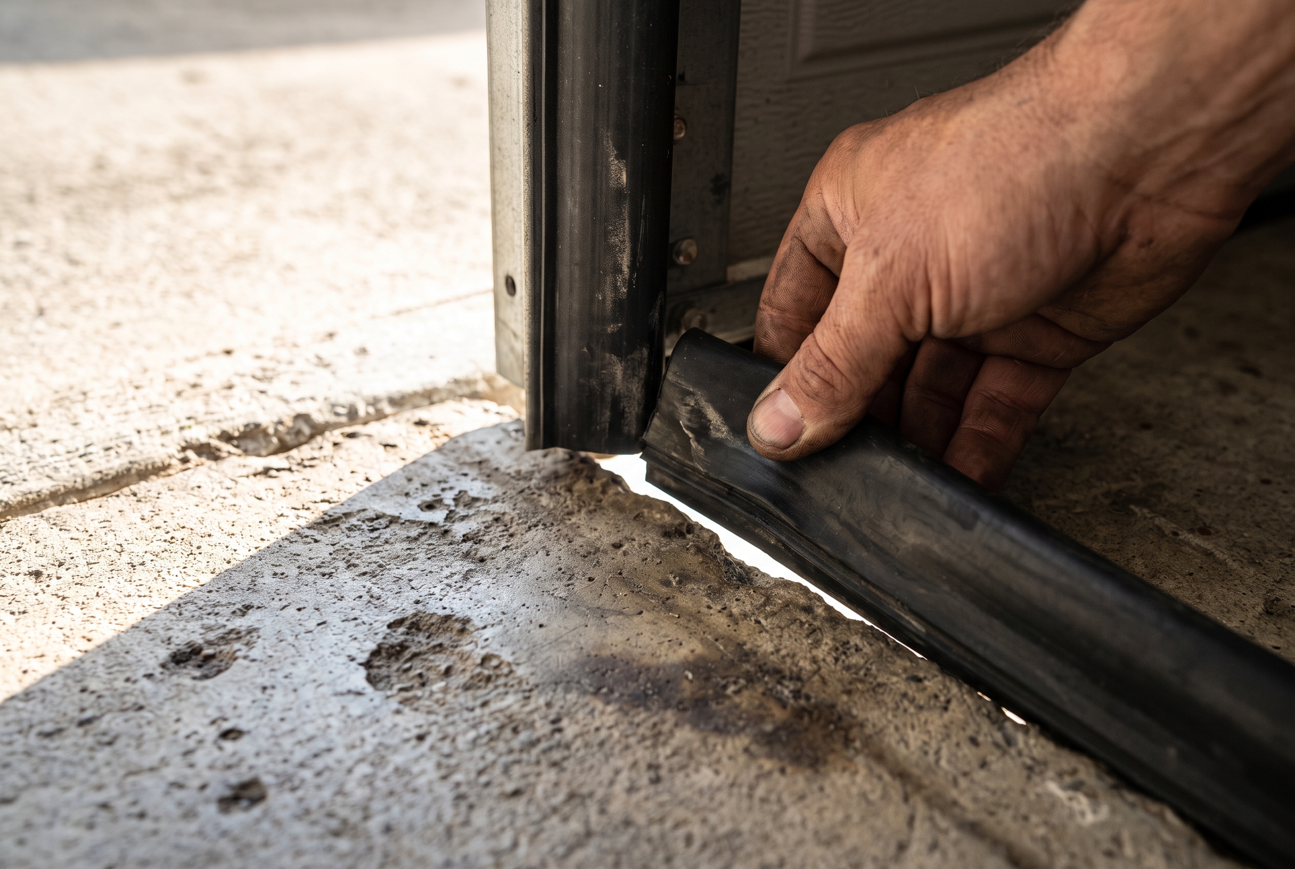 A hand pressing against the rubber seal at the bottom of a closed garage door, checking the gap against an uneven concrete slab in raking side light.