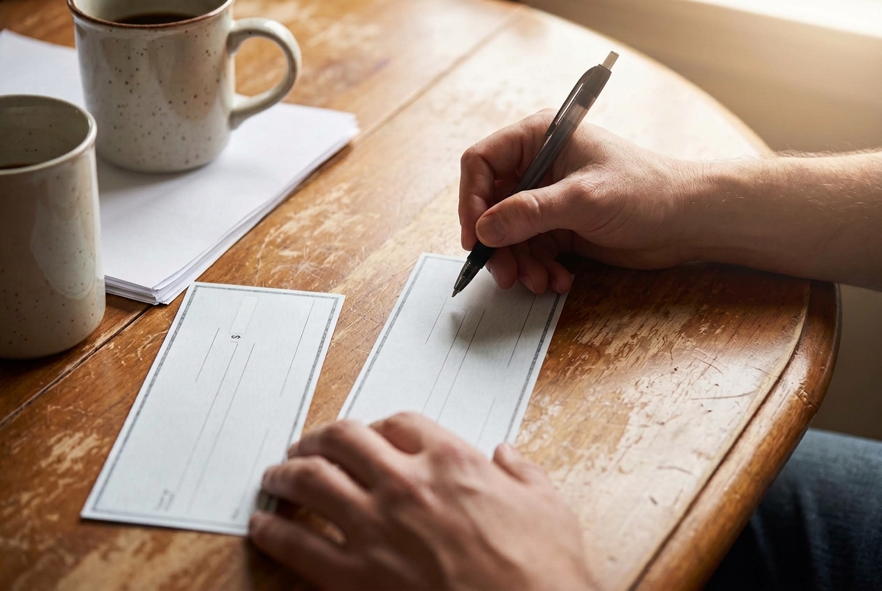 A homeowner's hand holds a pen over a check on a wooden kitchen table, with a second check and a stack of paperwork beside a coffee mug.