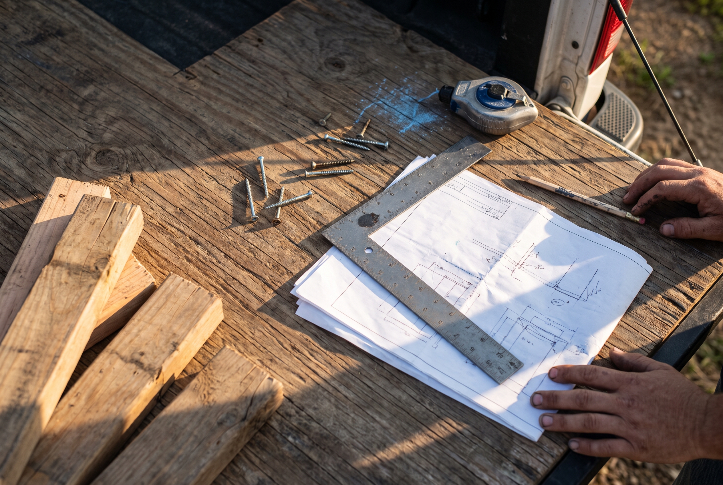A carpenter's square rests on folded paper plans on a weathered truck tailgate, with a pencil, chalk line and a few screws around it in warm afternoon light.