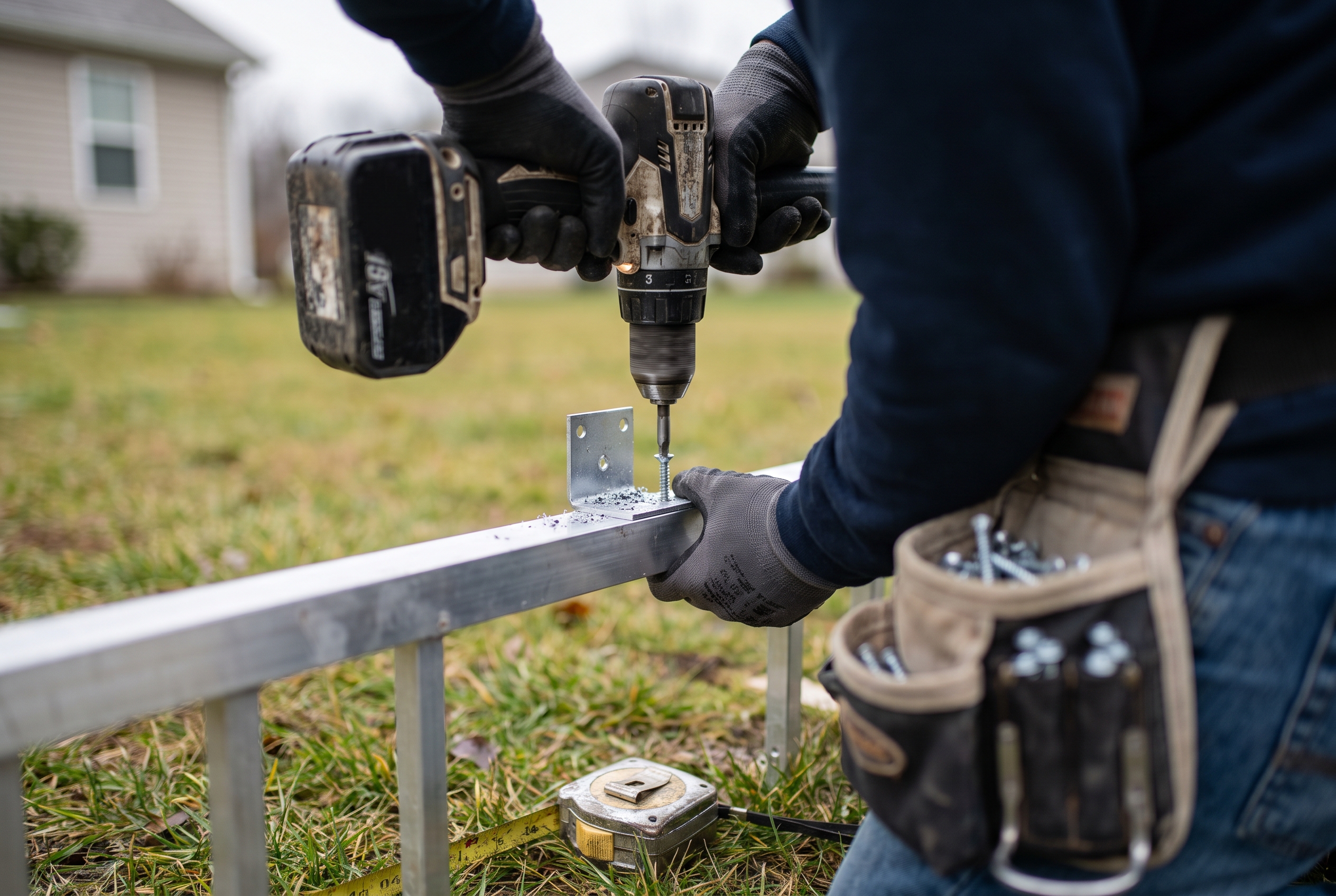 Close view of hands using a cordless drill to fasten a metal bracket on a short run of aluminum fencing, with a tool belt and tape measure resting on the grass nearby.