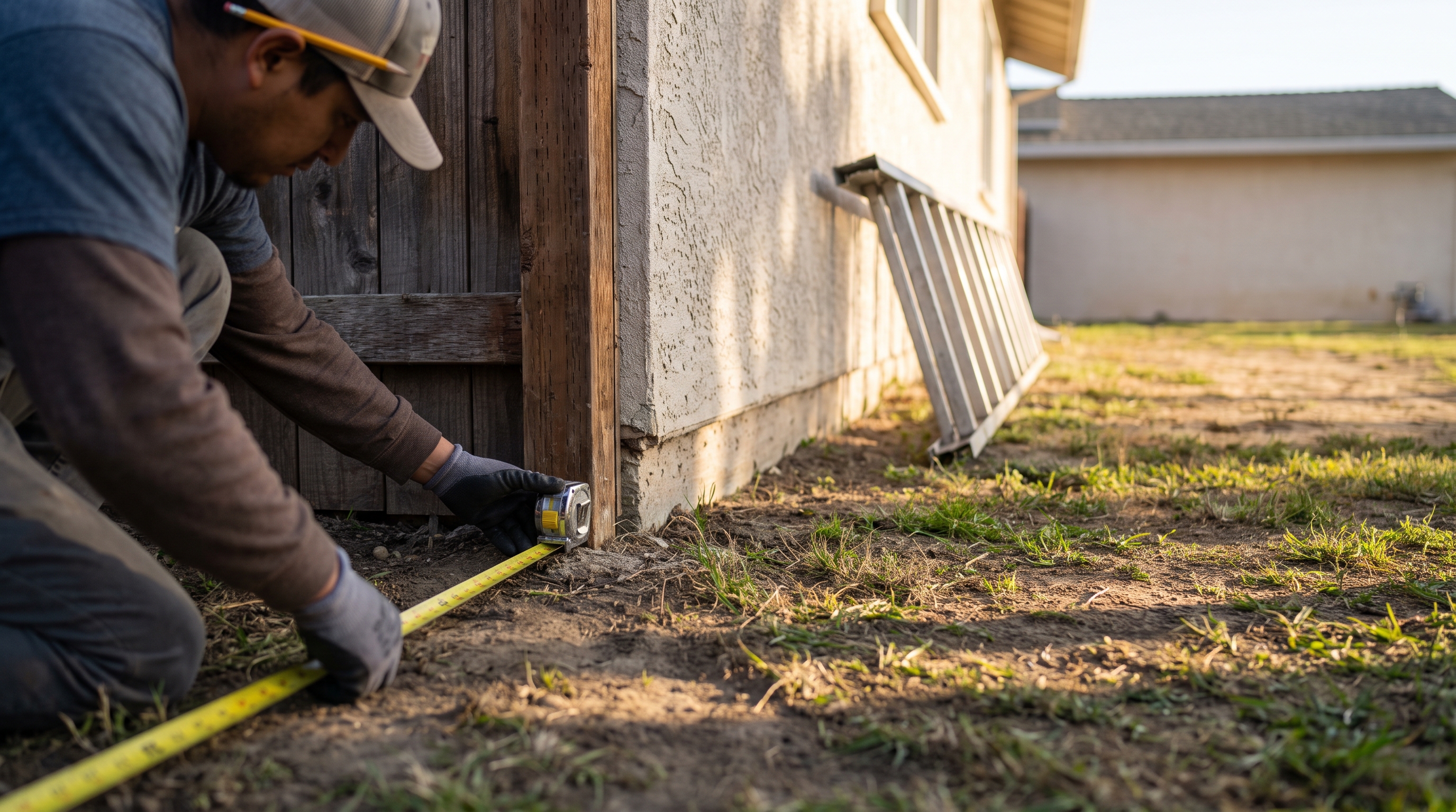 A person kneeling at the base of a wood fence where it meets a stucco house wall, holding a tape measure along the ground and steadying a fence post, with an unattached metal fence rail leaning against the wall nearby.