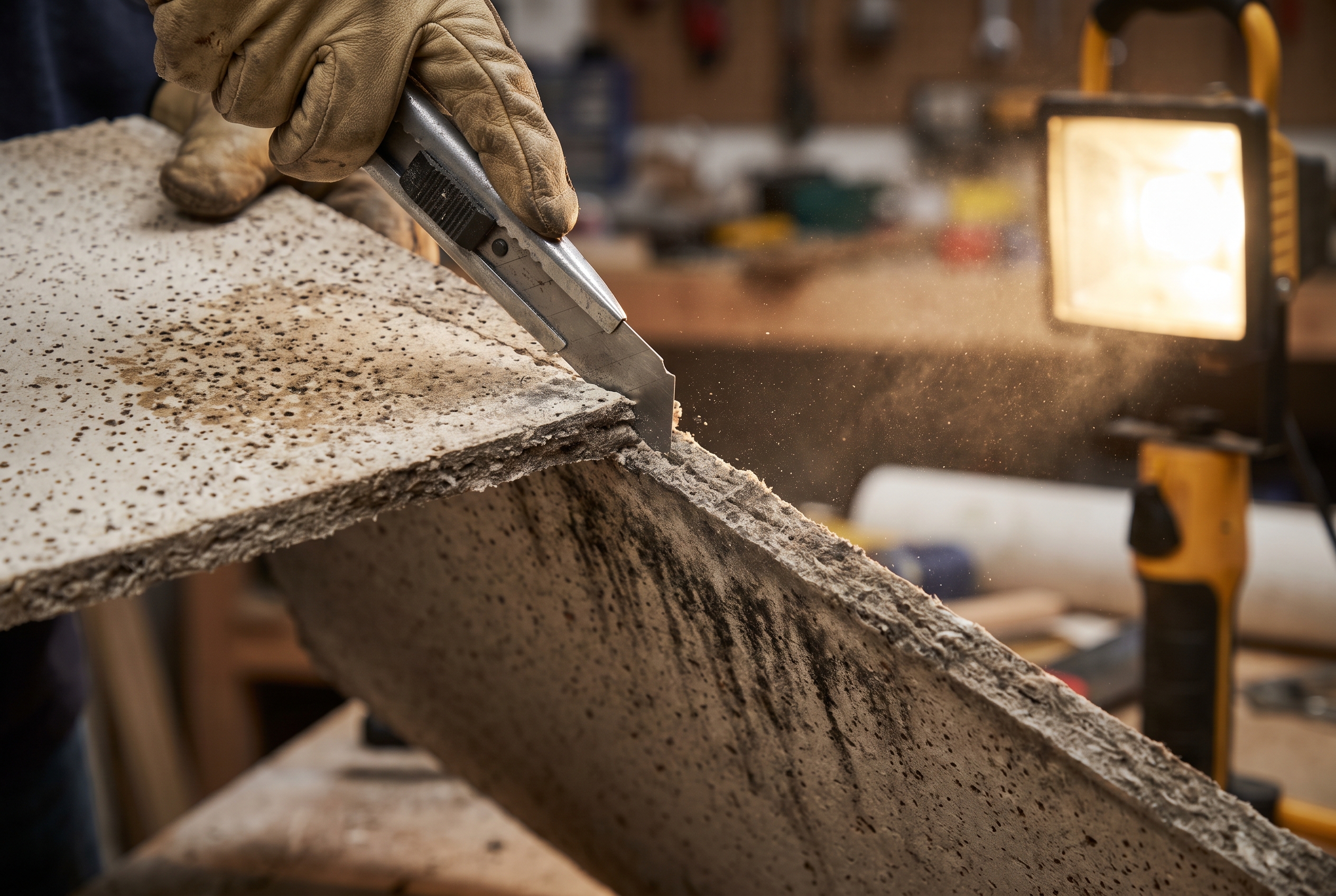 A utility knife cutting through a ceiling tile, exposing mold that has spread from the surface down into the tile's fibrous interior.