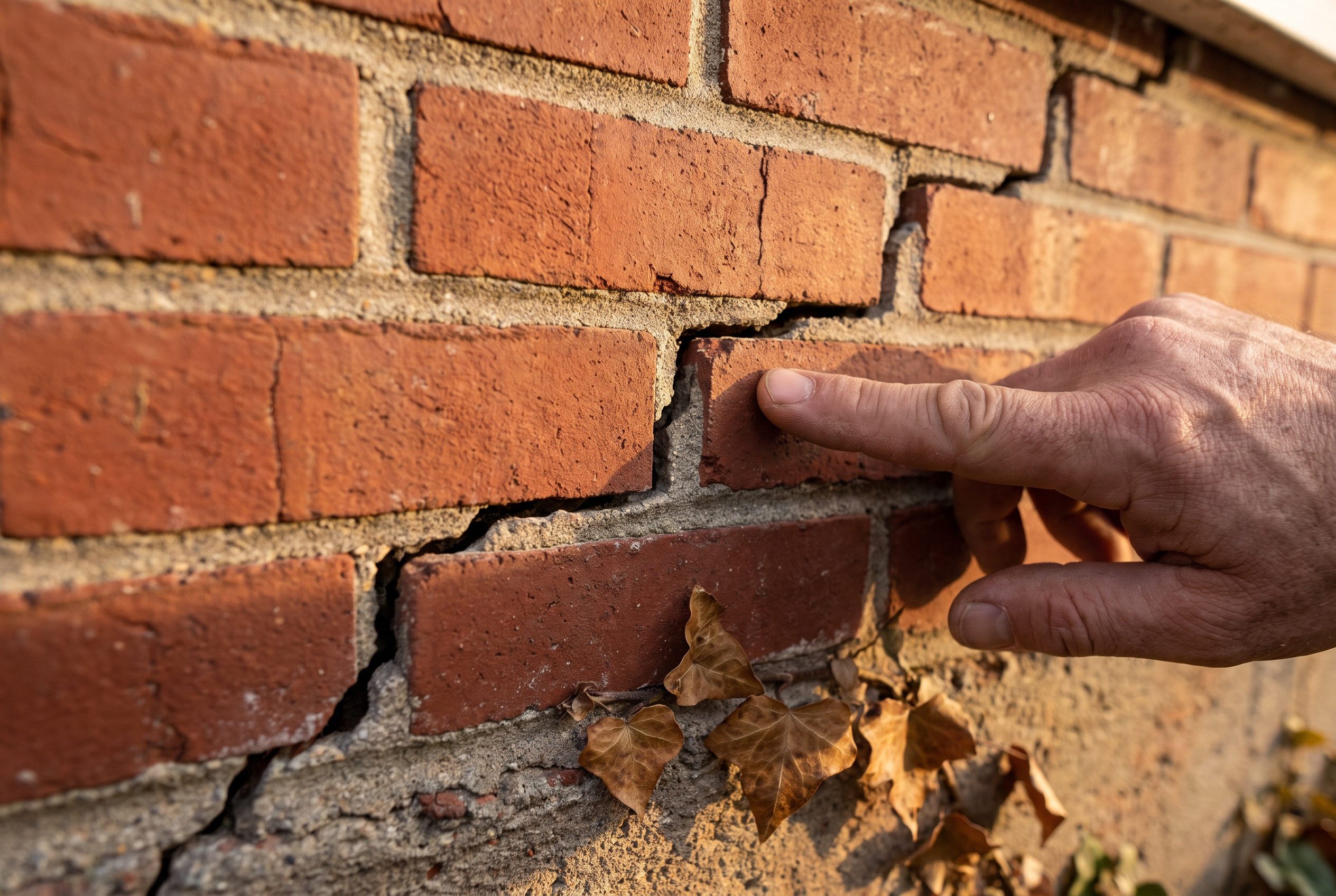 A fingertip rests beside a stair-step crack zigzagging along the mortar joints of a brick foundation wall in warm late-day light.