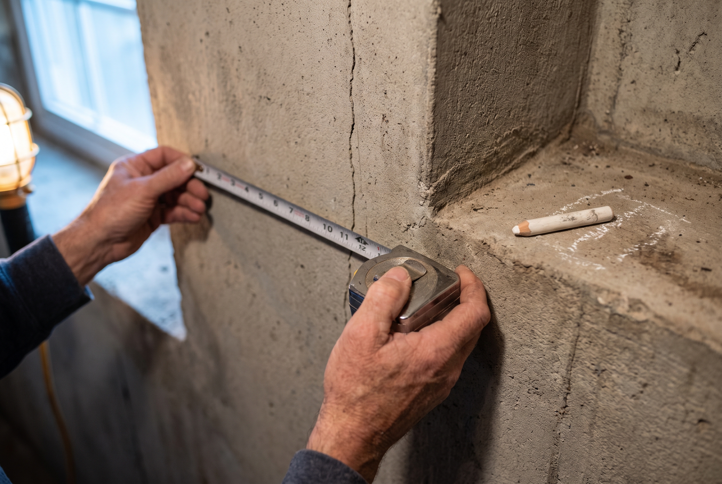 Hands stretch a tape measure across a hairline crack in a basement wall beside a chalk pencil and a faint old measurement mark.