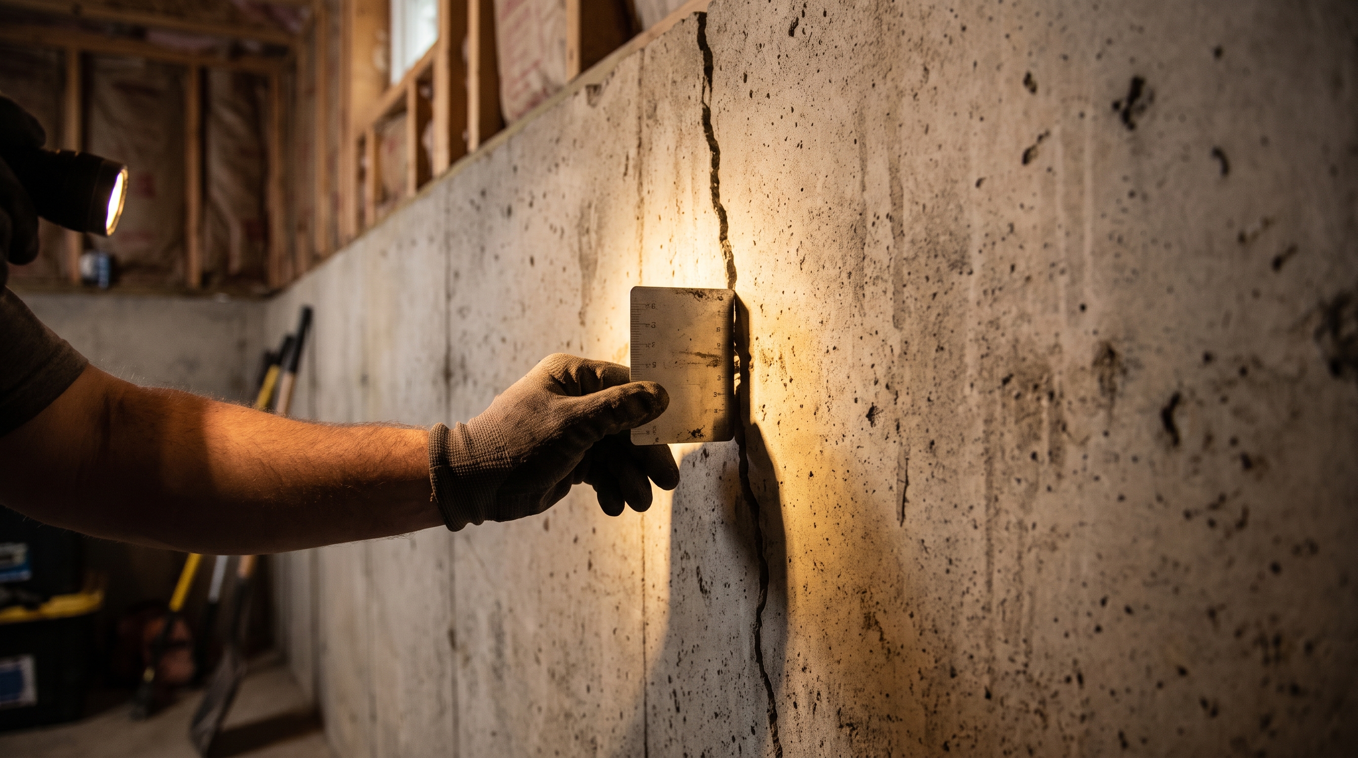 A hand holds a metal crack-width gauge flat against a vertical crack in a basement concrete foundation wall, lit by a low raking flashlight beam.