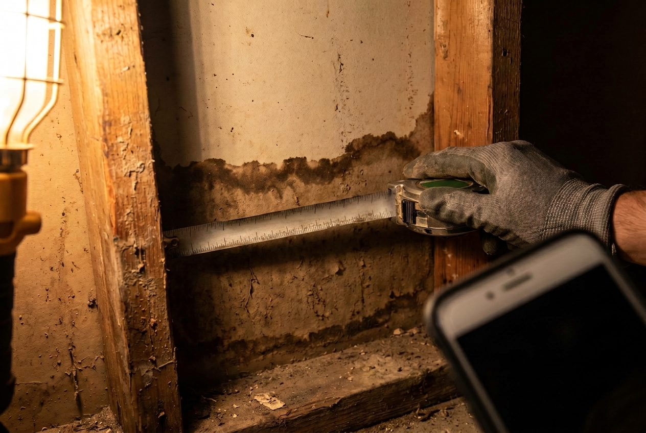 Close view of a tape measure held against a water stain on a basement wall, with the edge of a phone entering the frame to photograph it.