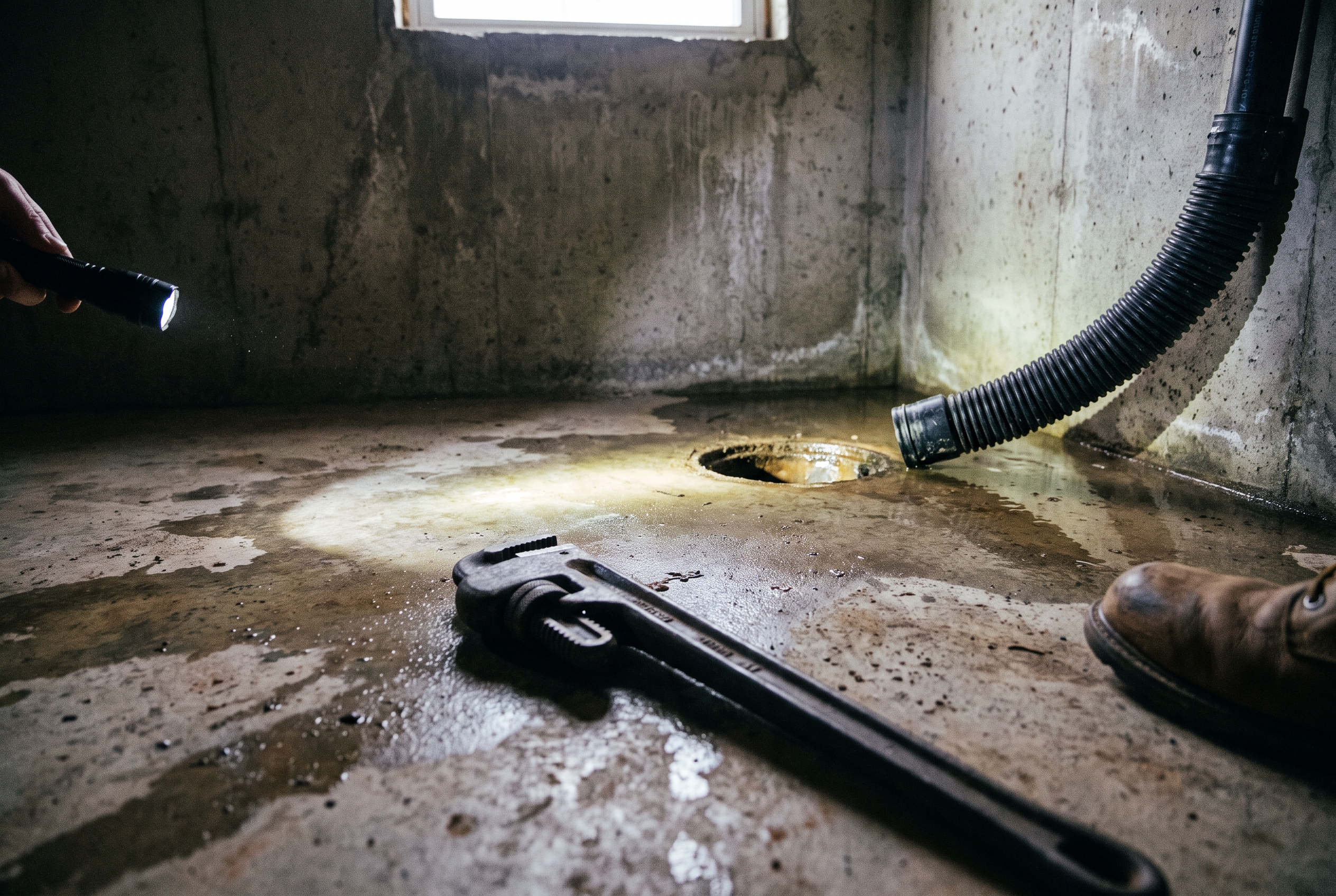 A flashlight beam lights a basement floor drain and a disconnected sump pump hose with a pipe wrench resting between them.