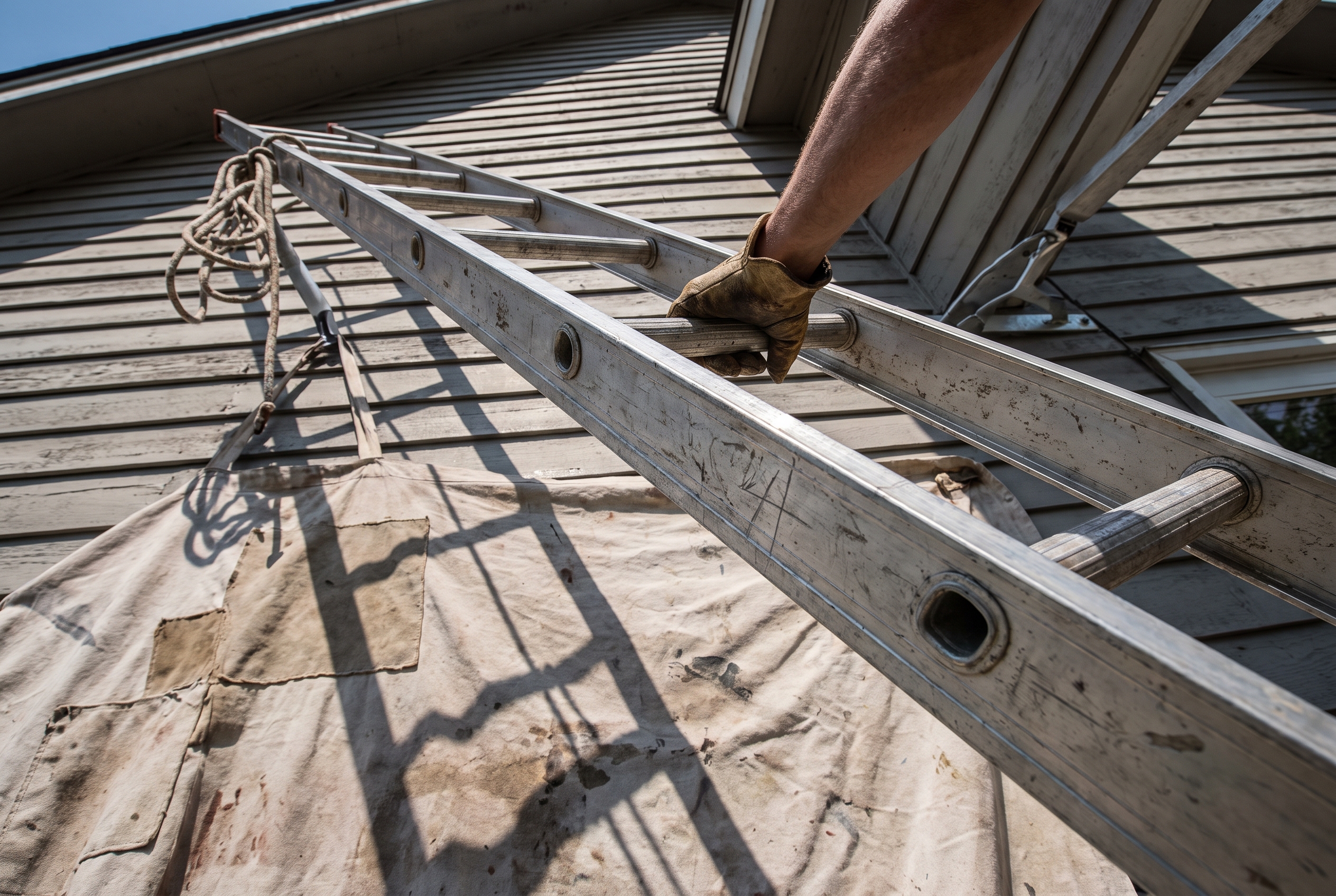 A hand grips a rung of an aluminum extension ladder braced against a two-story eave, framed from below to show its height.