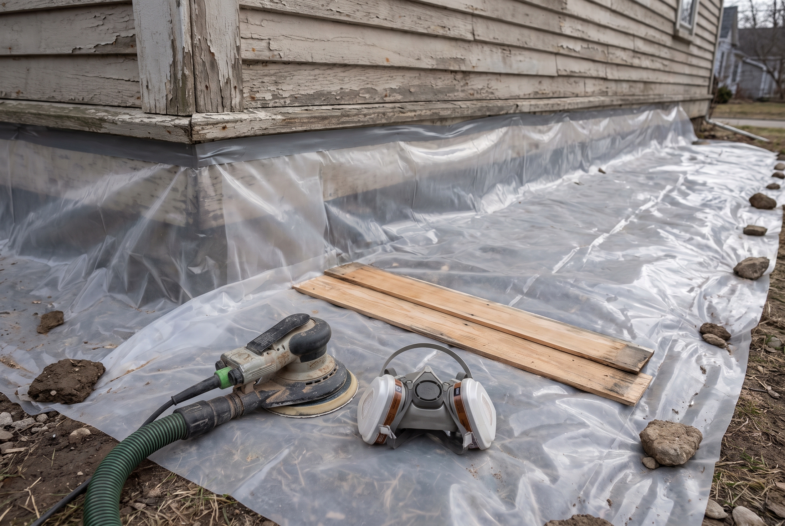 Taped plastic ground sheeting at the base of an older house holds a HEPA-shrouded sander and a respirator beside a patch of scraped clapboard.