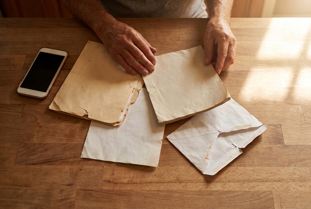Hands arranging a permit, a warranty card, and a torn envelope on a wooden table beside a phone, sorting paperwork after a solar installer's collapse.