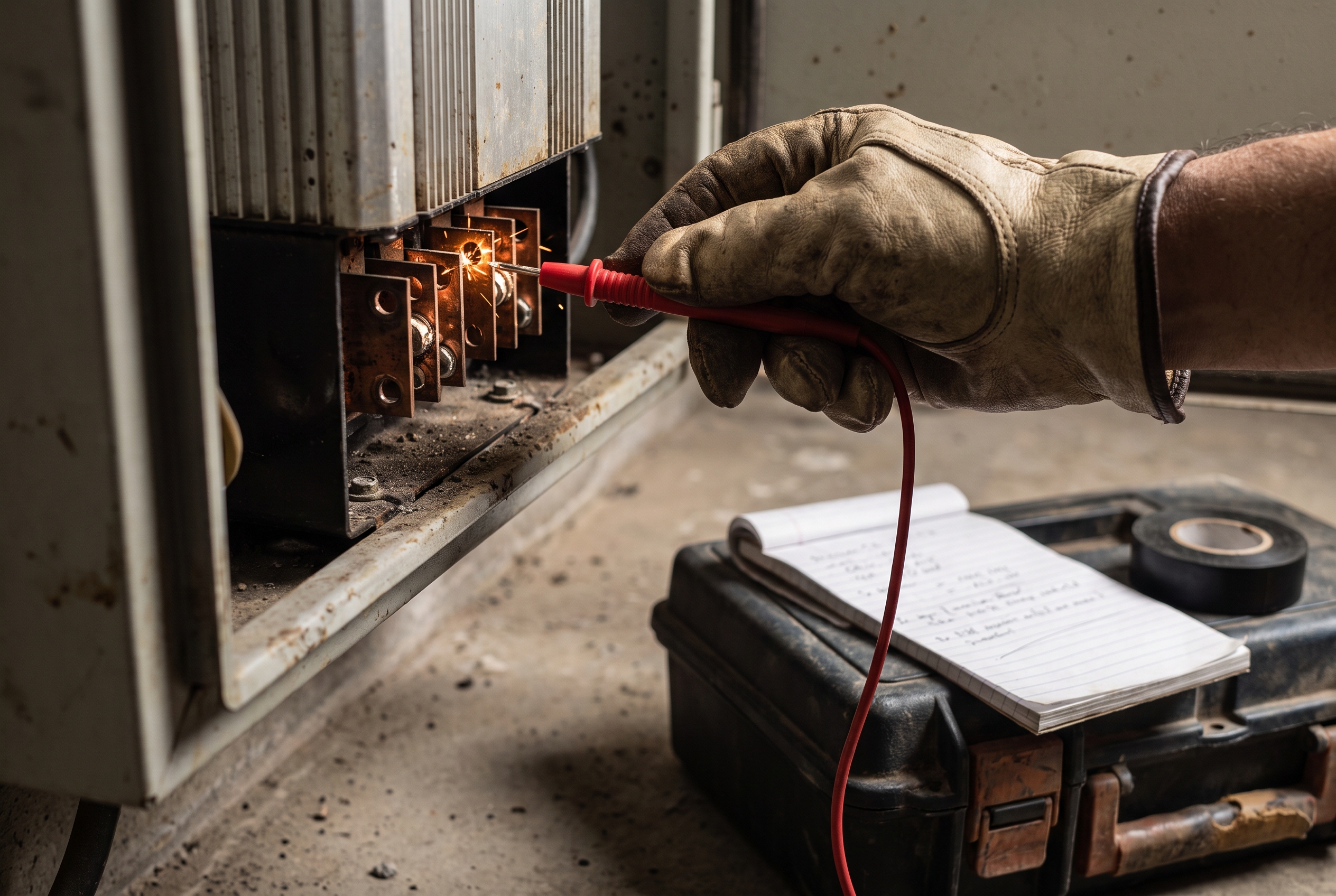 A gloved hand holds a multimeter probe to open inverter terminals, with an invoice pad and electrical tape resting nearby on a toolbox.