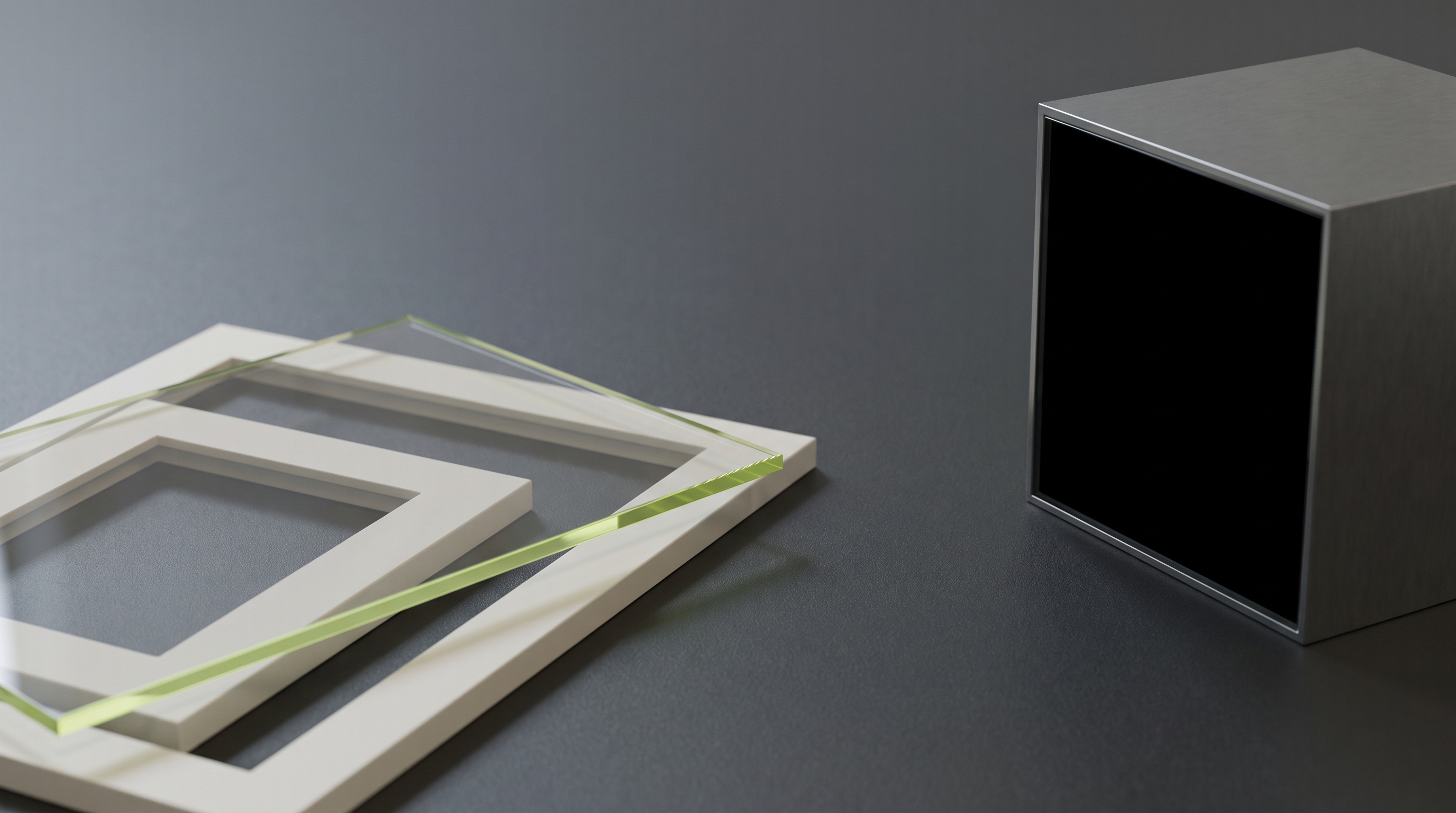 Three stacked off-white frames on a dark graphite desk, with a clear acrylic panel edged in lime laid across two of them and stopping short of the third. Beside them stands a solid graphite block with a blank dark glass face.