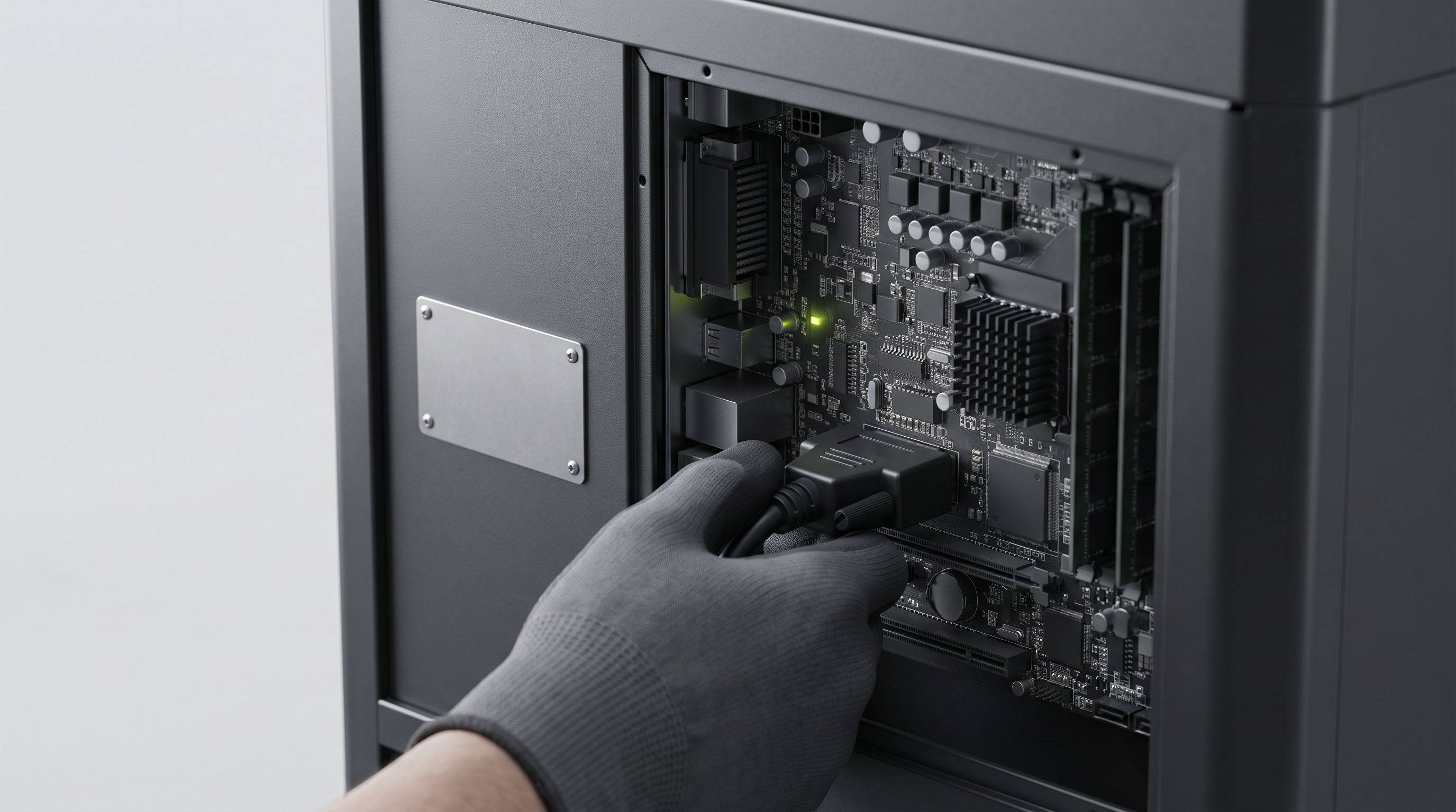 Connected skill machines: AI illustration of a gloved hand checking a cabinet's internal connections.