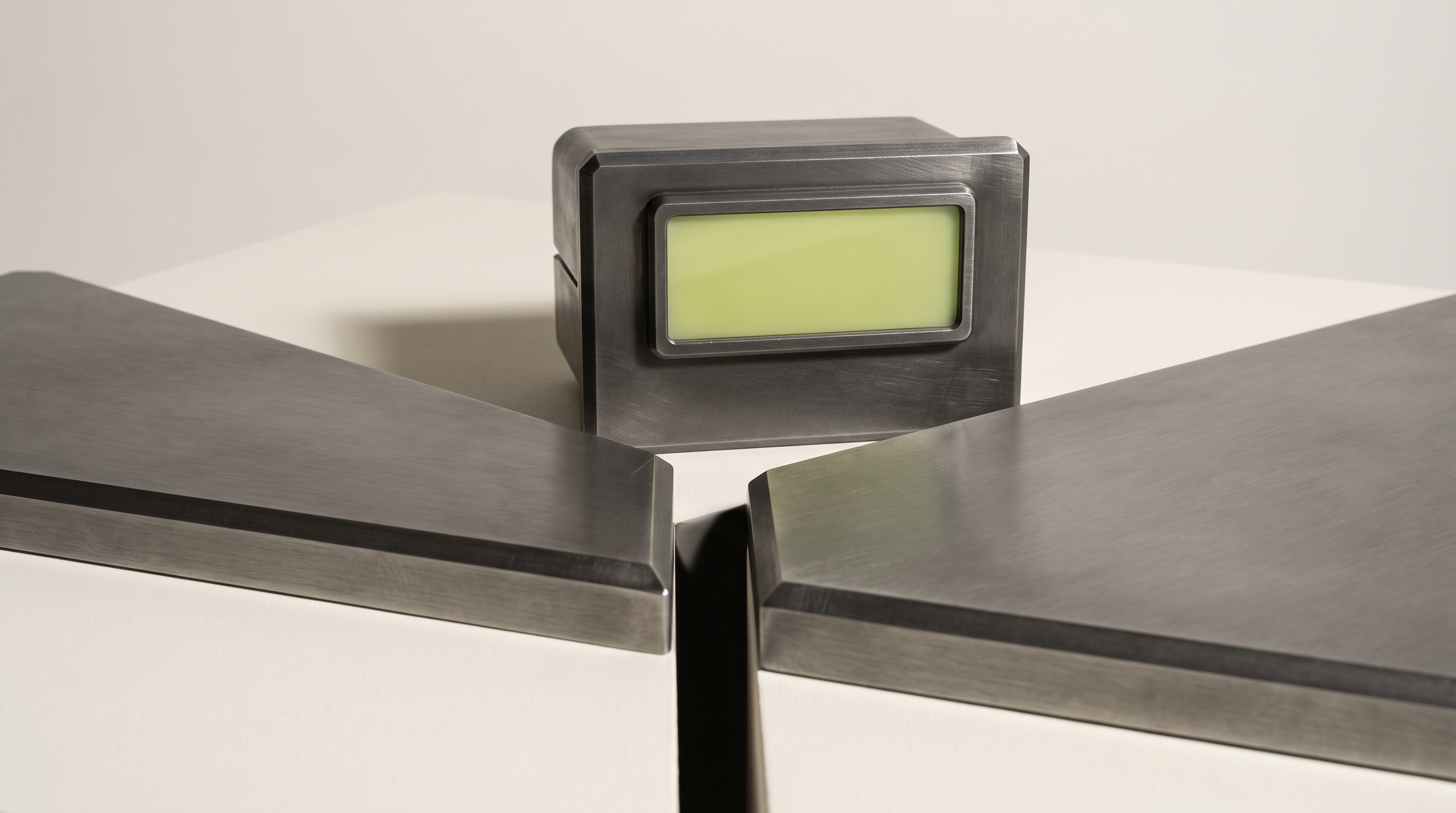 A graphite-metal skill-machine cabinet component with a glowing chartreuse blank panel stands between two interlocking metal panels that approach each other but leave a narrow shadowed gap, on an off-white surface.