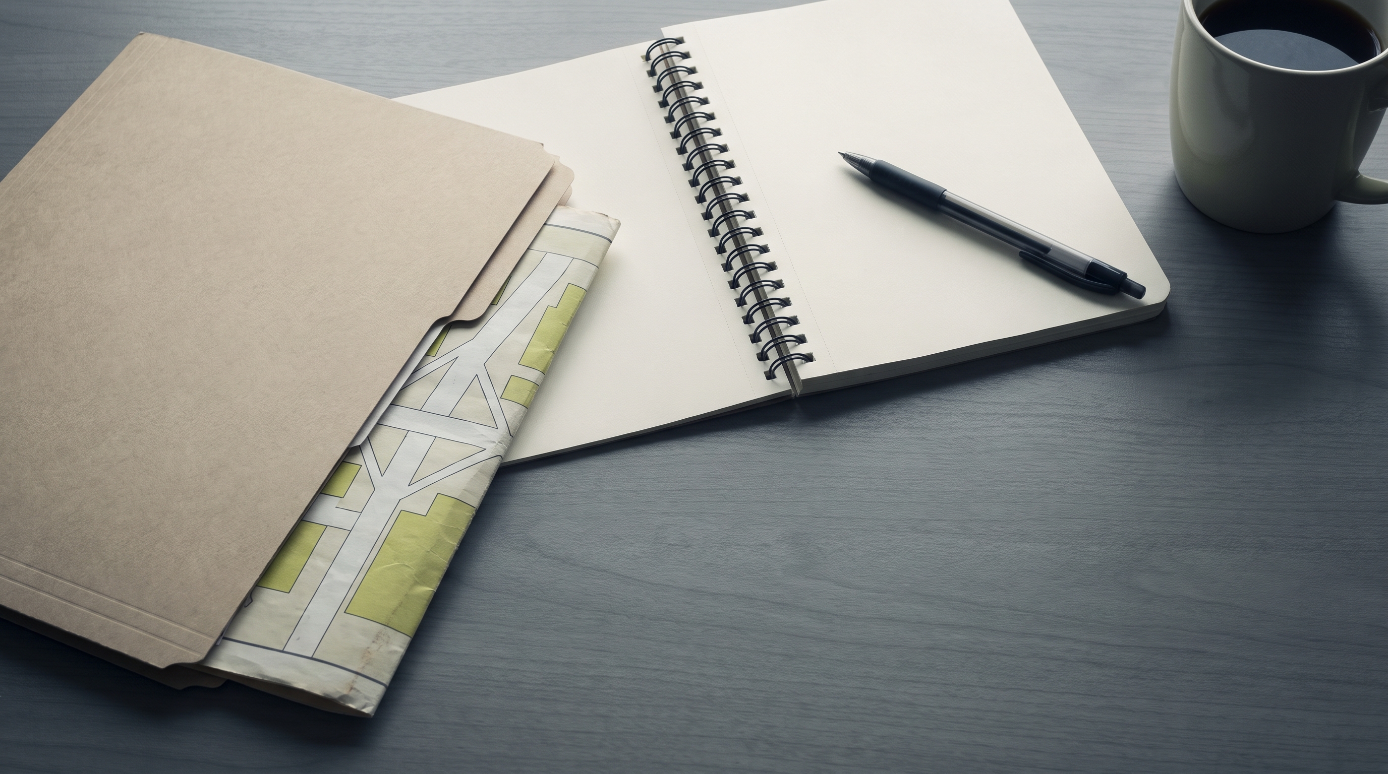 Conceptual G2E 2026 dates planning illustration with a blank notebook, generic map, folder, pen and cup.