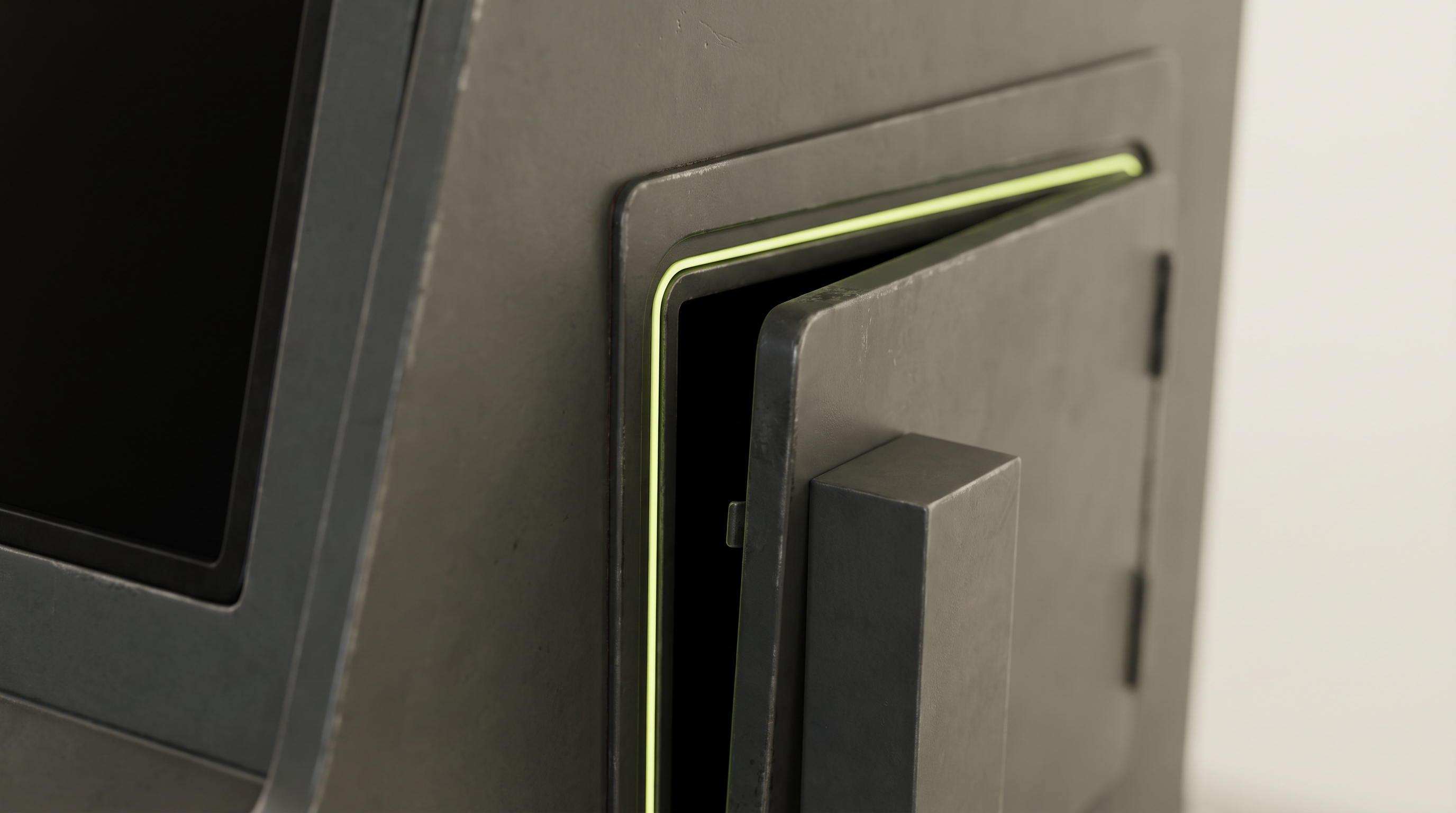 A close raking-light view of an unbranded skill-machine cabinet corner with a graphite access panel unlatched and slightly open, a solid geometric counterweight block resting against the seam, and a thin chartreuse light strip tracing the inner edge where the panel has separated from the cabinet.