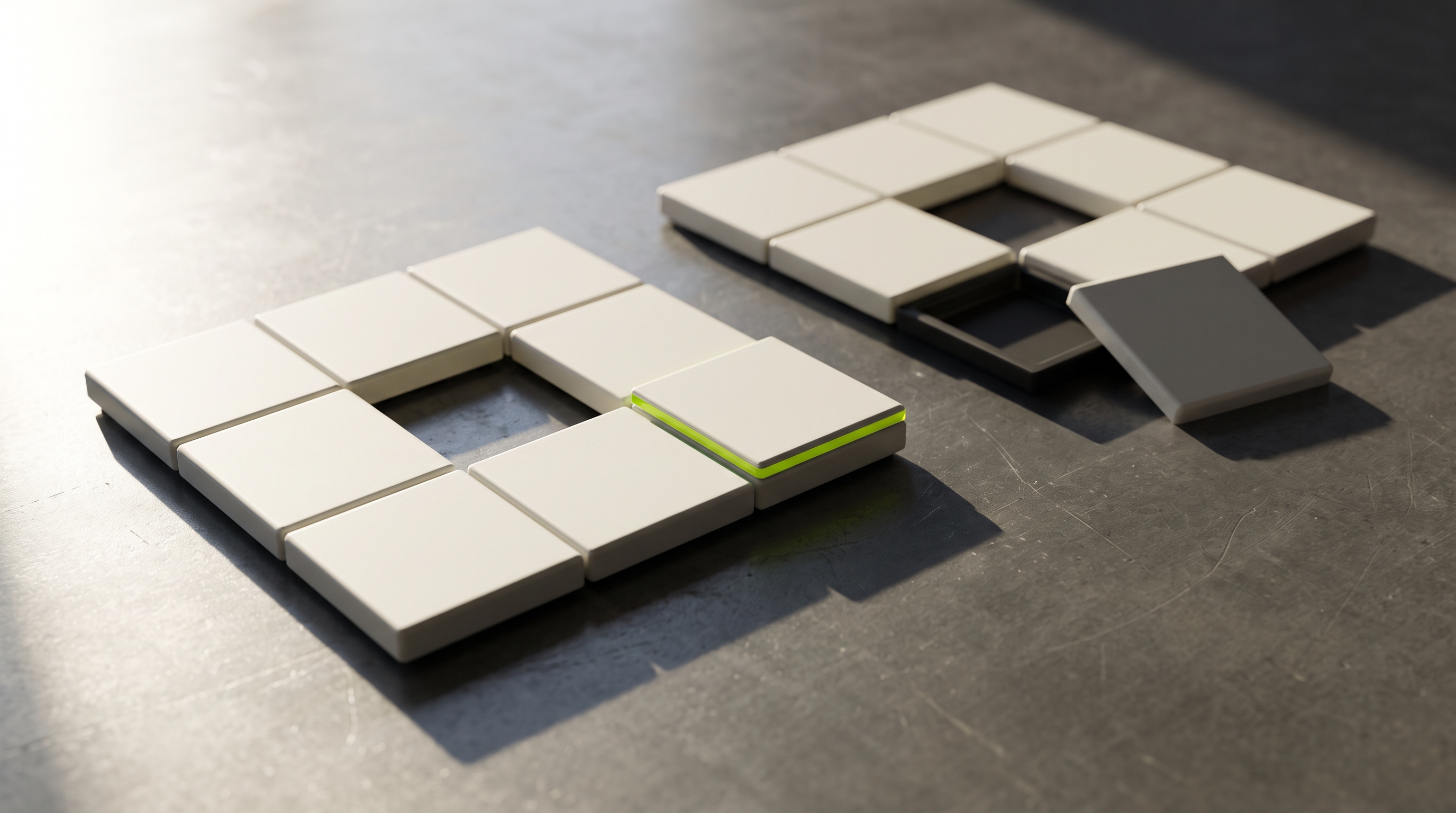 Blank off-white geometric panels arranged in two clusters on a graphite metal surface; one cluster forms a complete nested square frame while the other has an empty gap where a panel is missing, a thin lime accent catching raking side light.