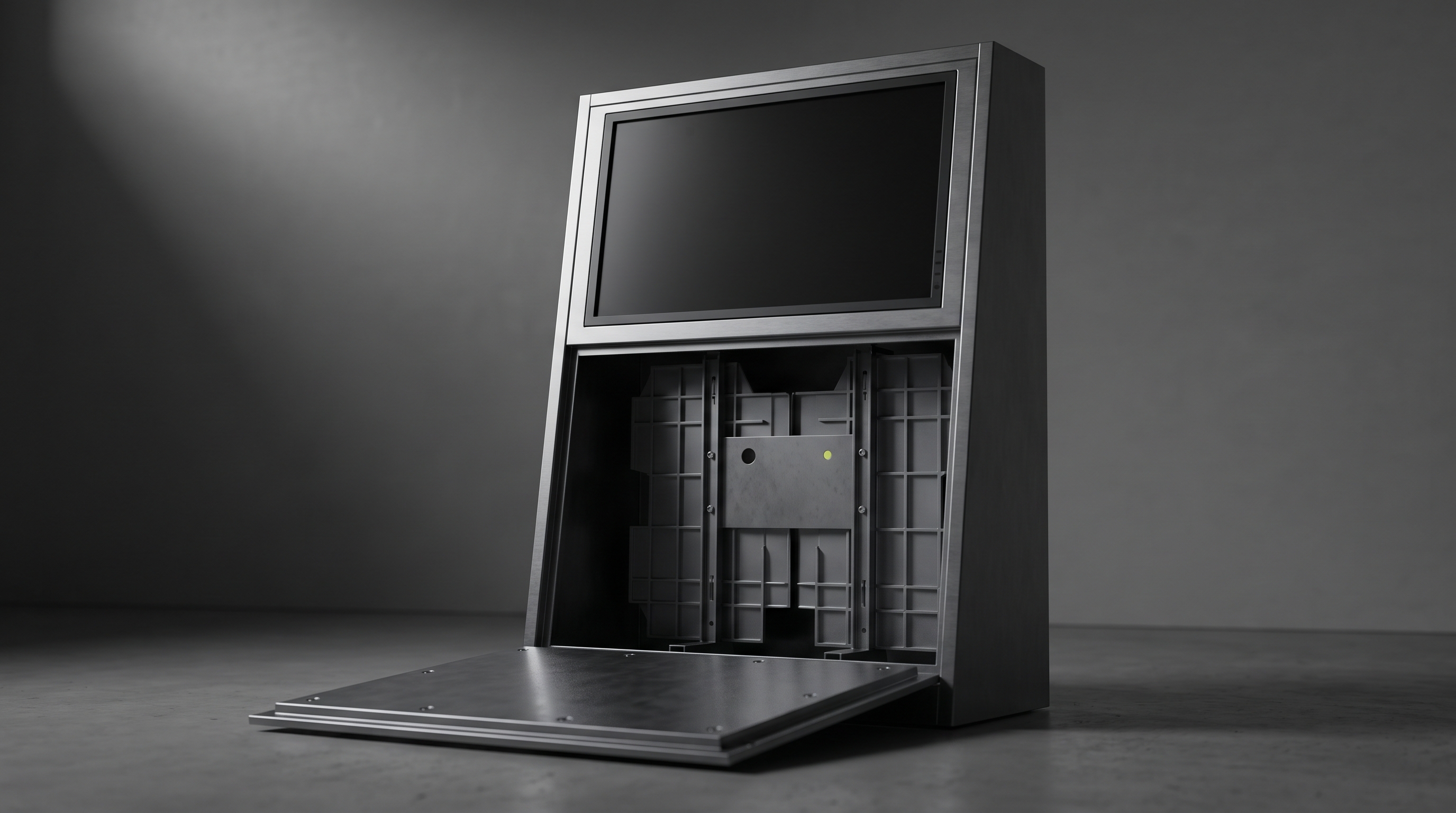 A skill-game cabinet with its access panel removed, screen dark, revealing a graphite interior and a single unlit chartreuse indicator light.