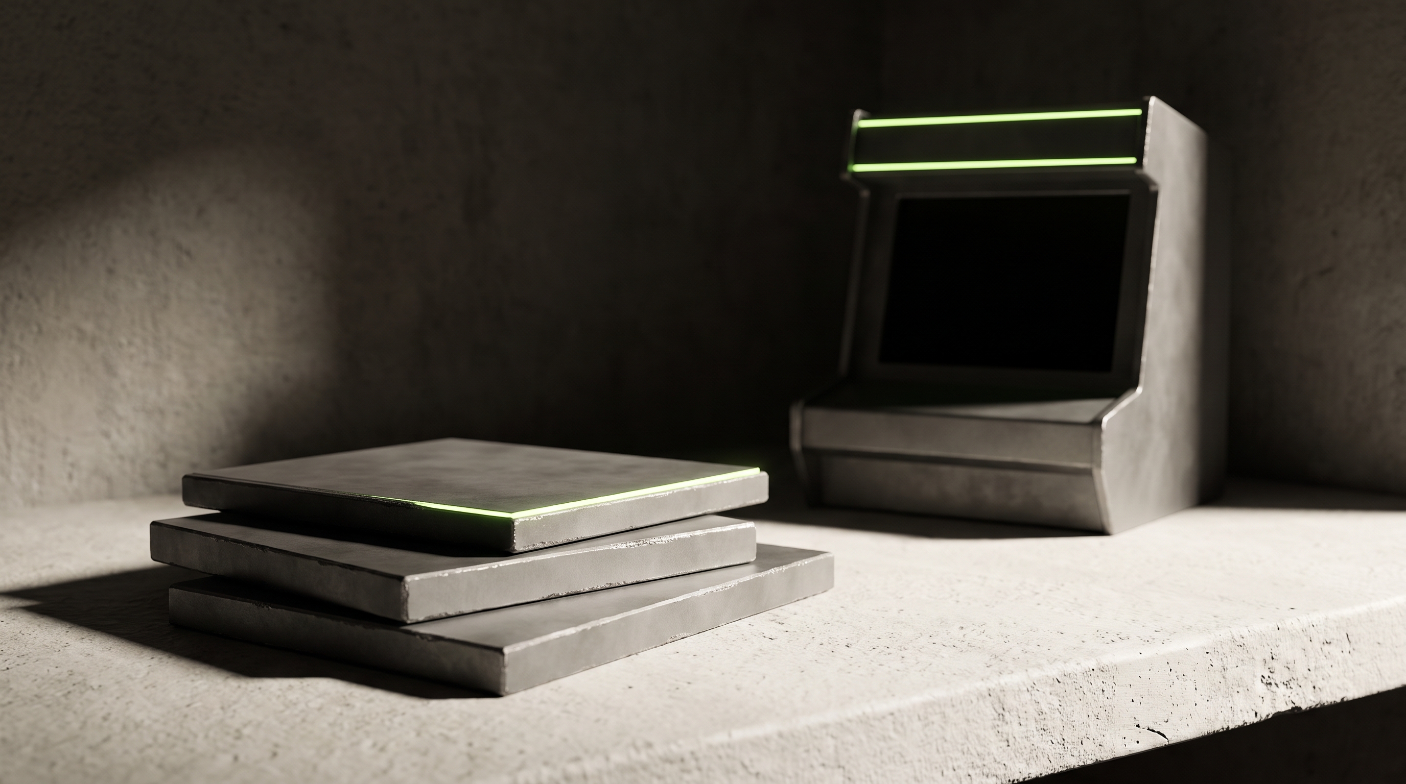 Stacked graphite panels and a small cabinet mockup with a blank screen on a dim, off-white tabletop, lit by a single raking light with a thin lime edge accent