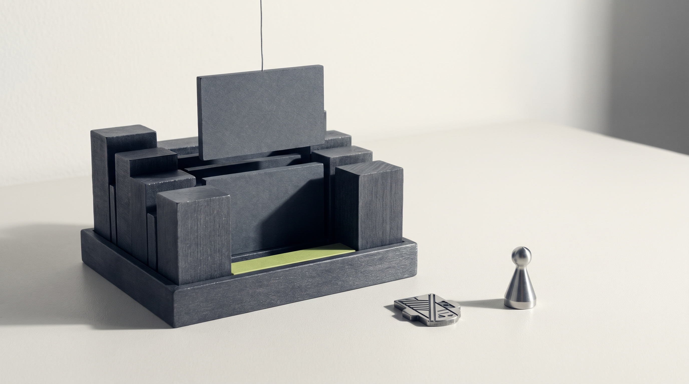 A blank-faced graphite panel is lifted out of a stack of similar geometric blocks on an off-white surface, exposing a thin lime-green strip in the empty slot it left behind.
